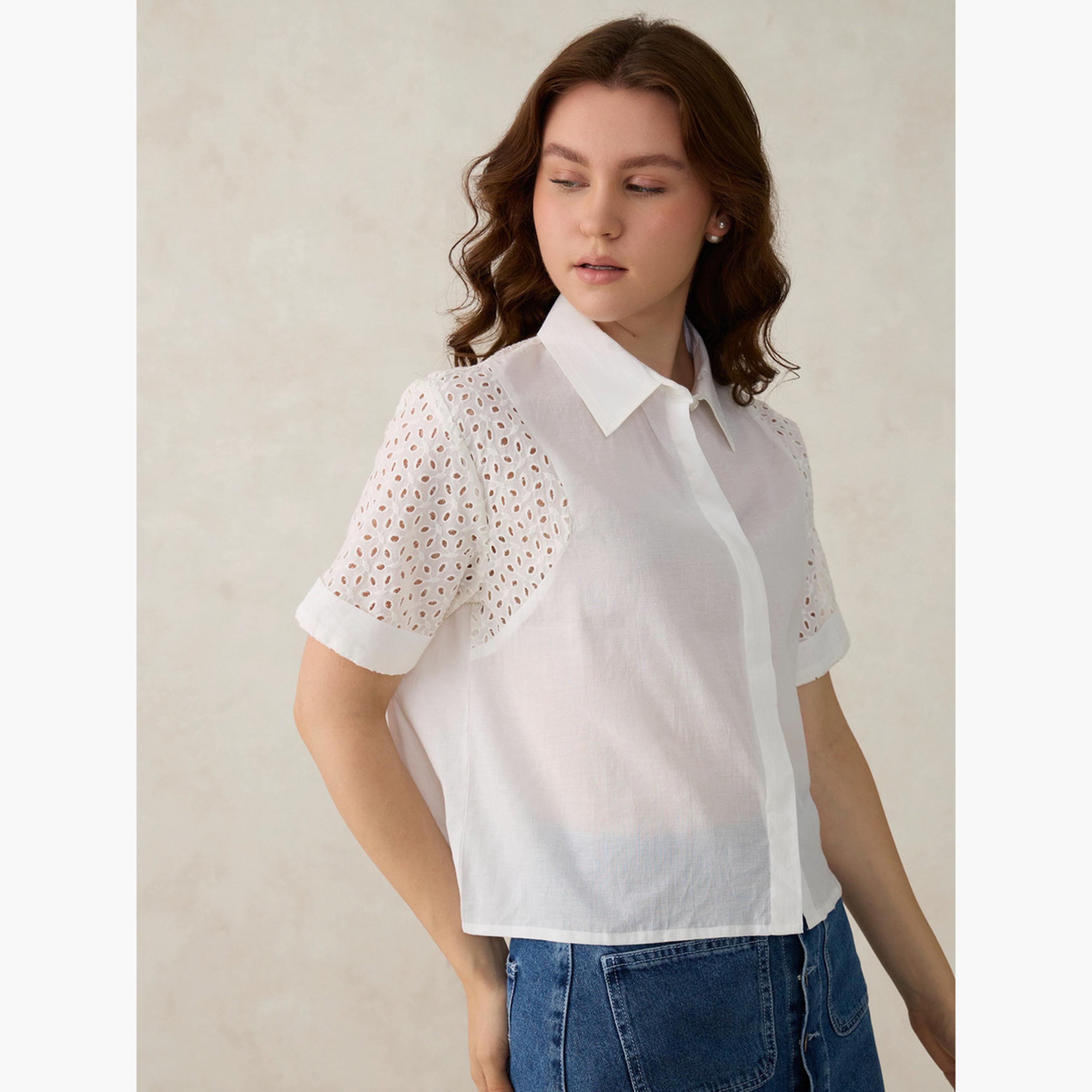Outzidr X Styli White Schiffli Sleeve Crop Shirt-women-clothing-shirtsandblouses-shirts-image-5