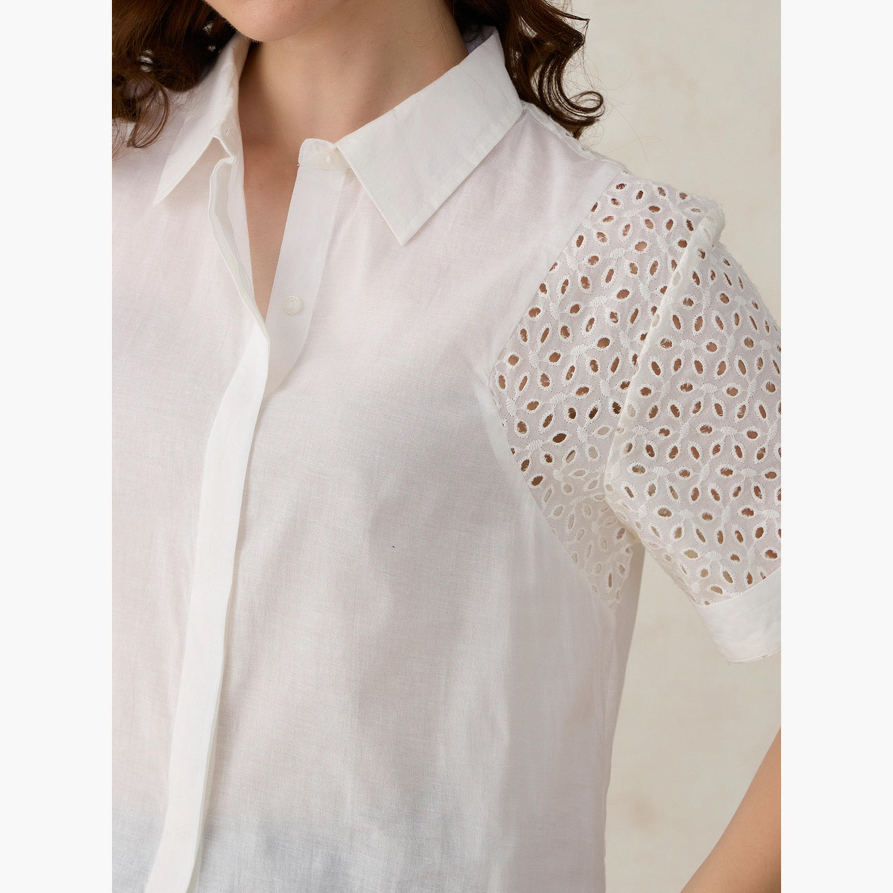 Outzidr X Styli White Schiffli Sleeve Crop Shirt-women-clothing-shirtsandblouses-shirts-image-6