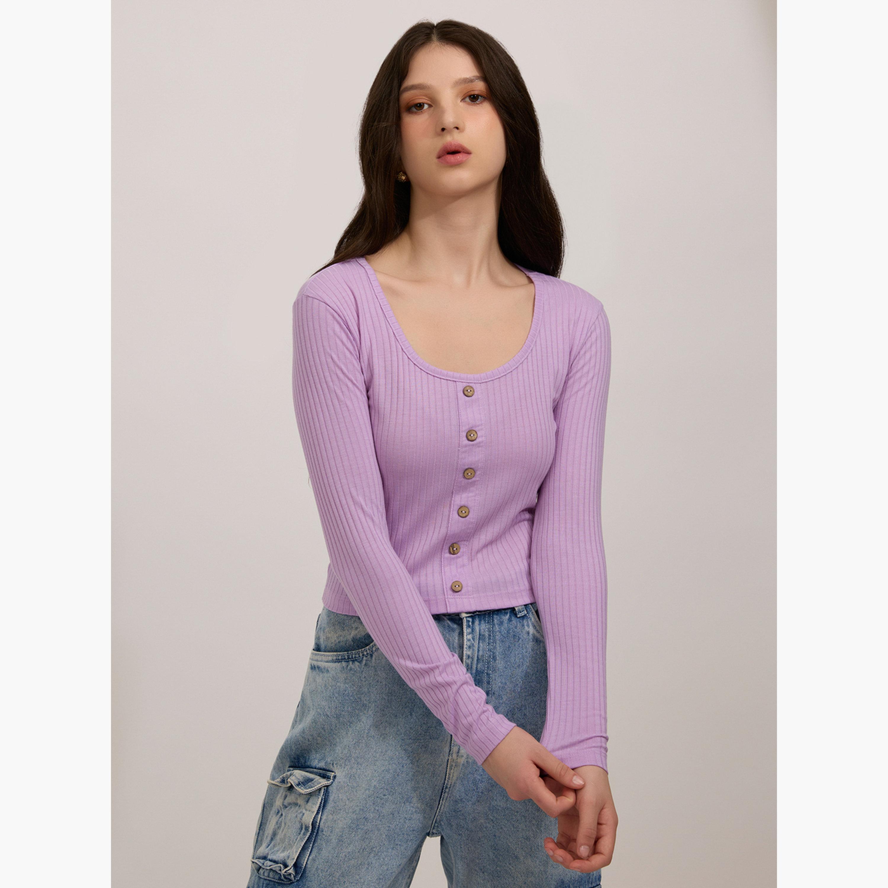 Outzidr X Styli Purple Scoop Neck Button Down Ribbed Top-women-clothing-tshirts-image-1
