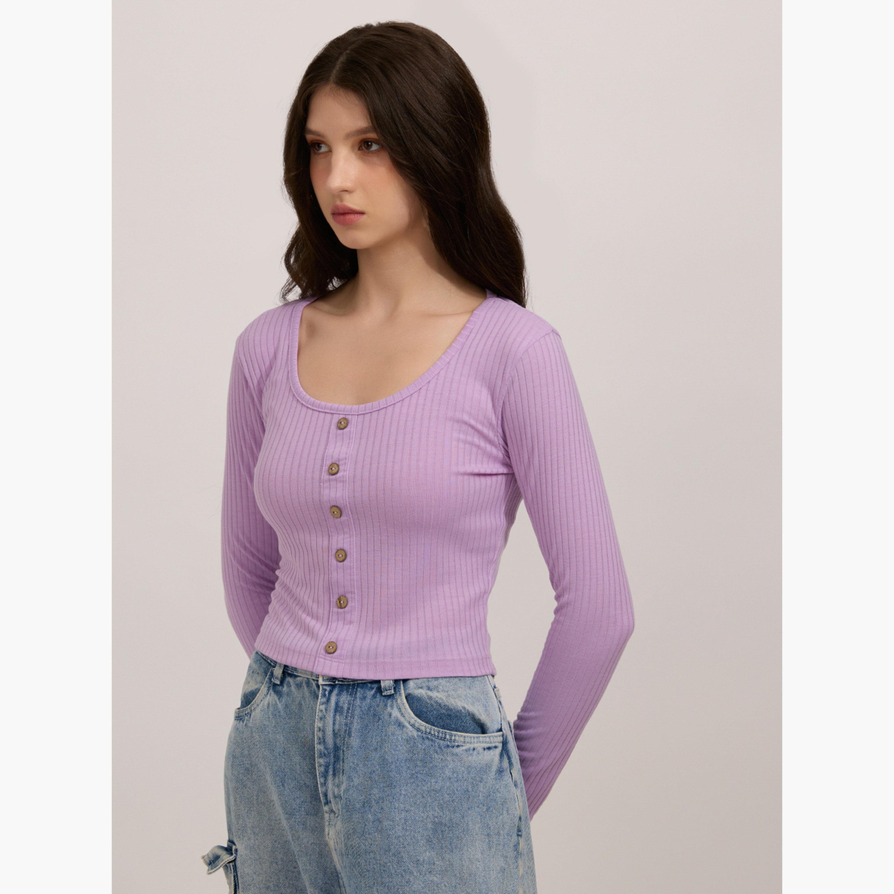 Outzidr X Styli Purple Scoop Neck Button Down Ribbed Top-women-clothing-tshirts-image-2