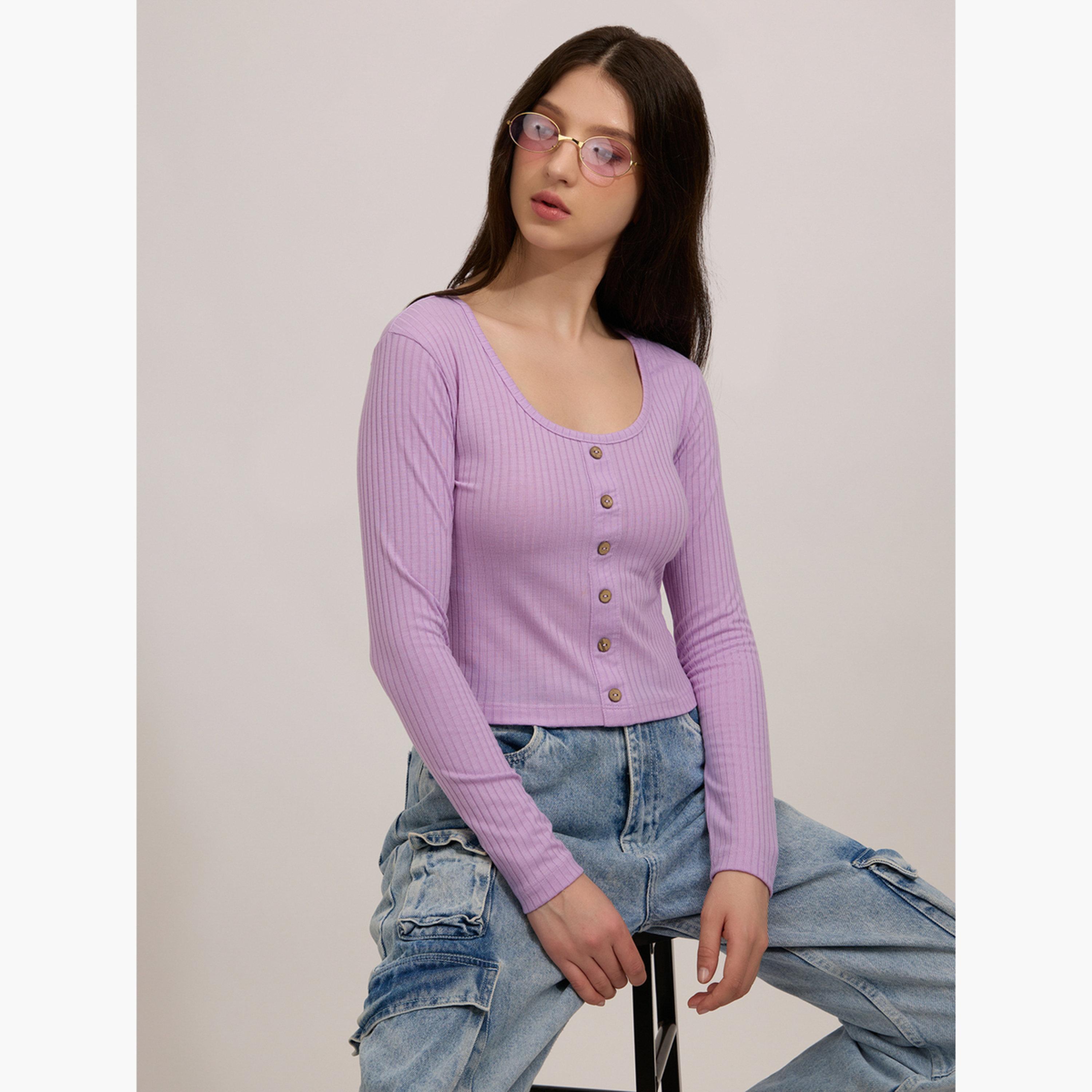 Outzidr X Styli Purple Scoop Neck Button Down Ribbed Top-women-clothing-tshirts-image-3