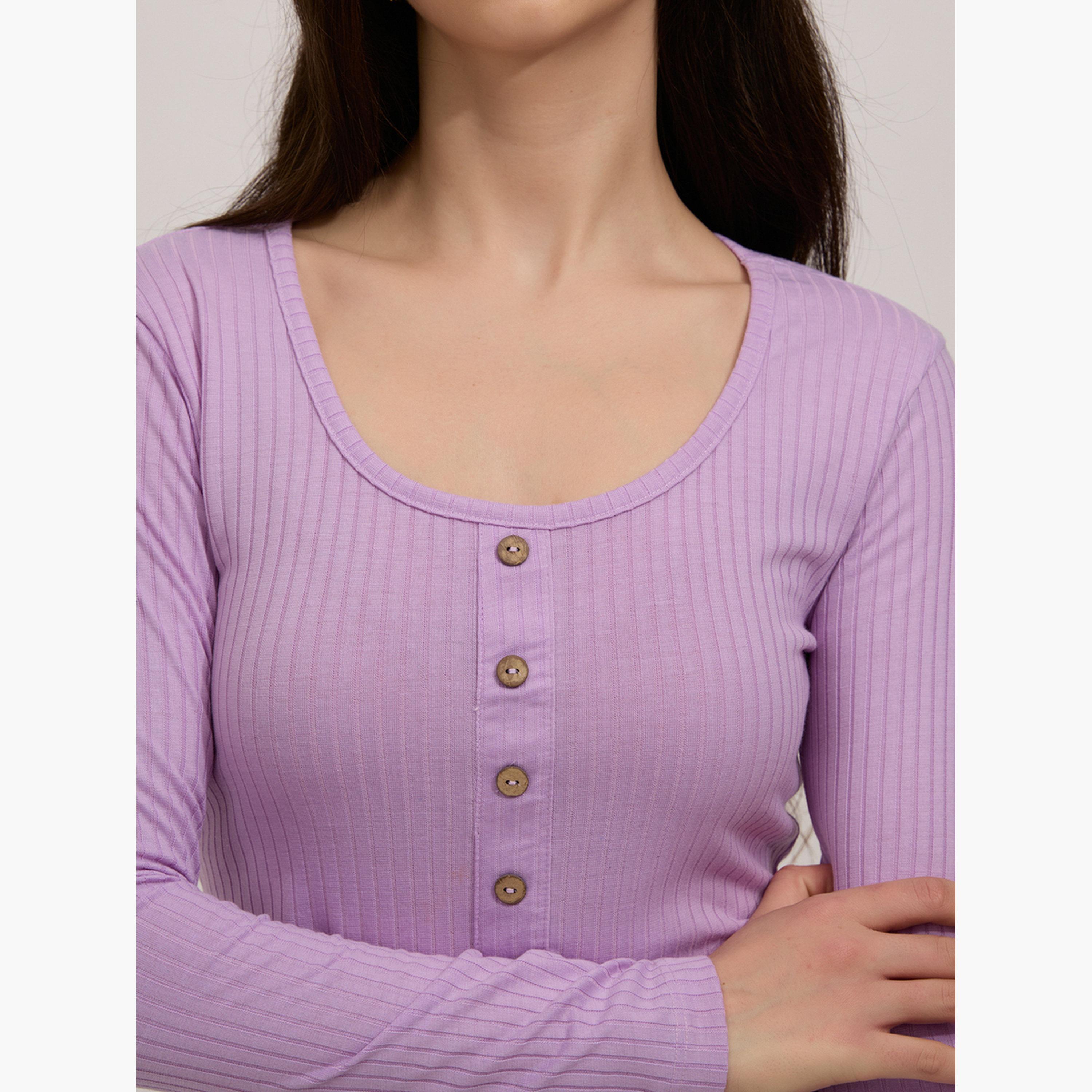 Outzidr X Styli Purple Scoop Neck Button Down Ribbed Top-women-clothing-tshirts-image-5