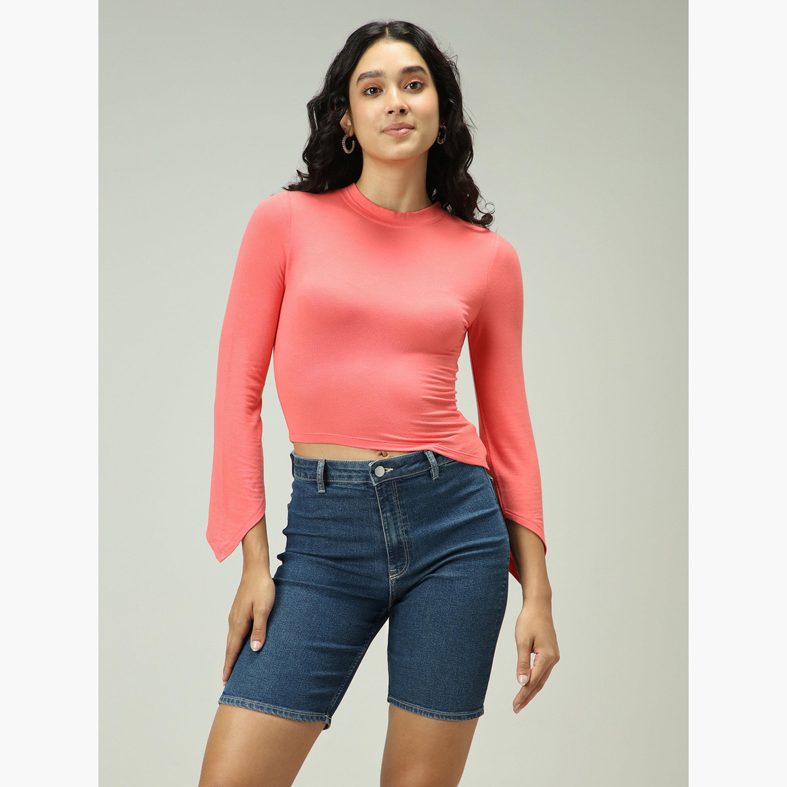 Outzidr X Styli Pink Asymmetric Hem Fitted Top-women-clothing-tshirts-image-1