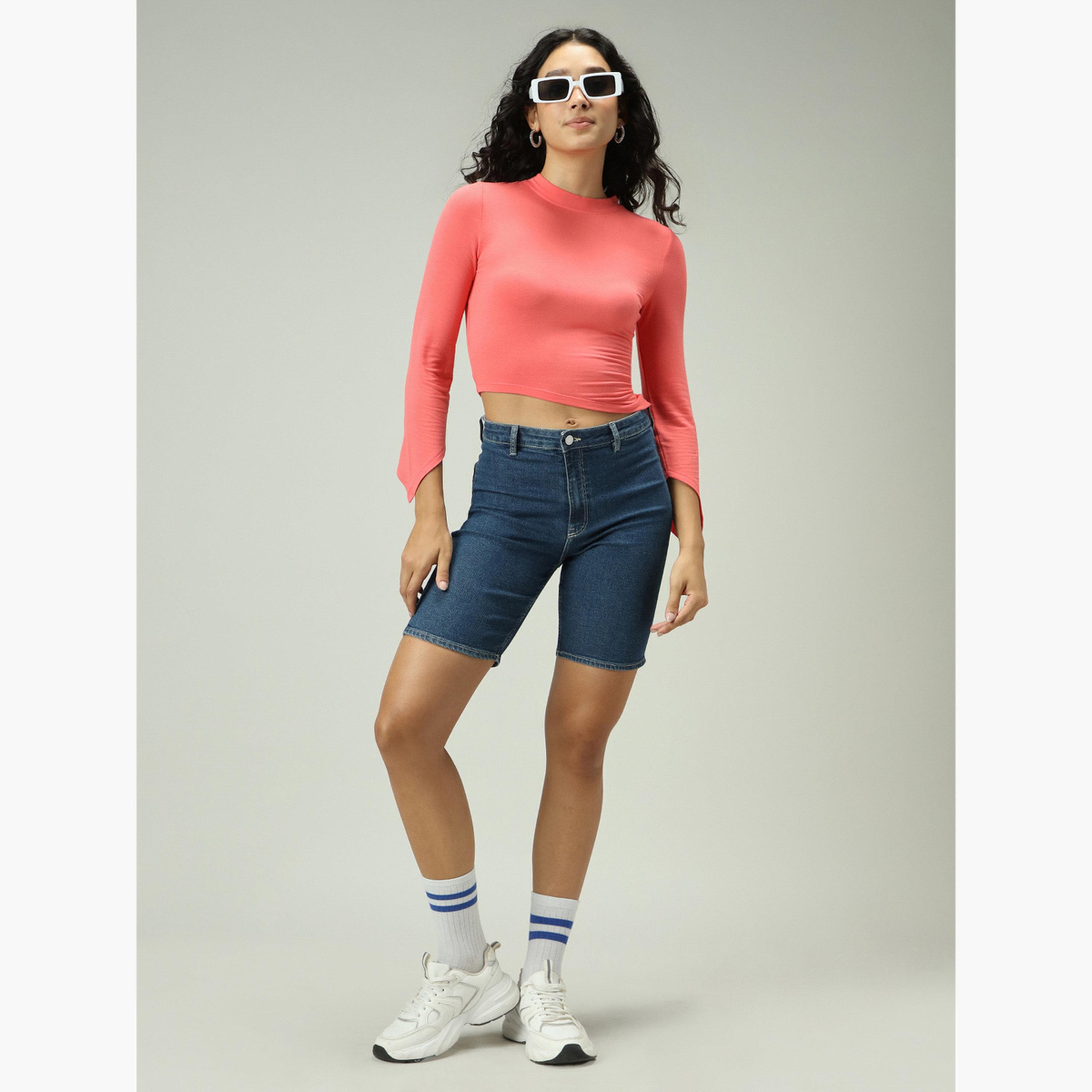 Outzidr X Styli Pink Asymmetric Hem Fitted Top-women-clothing-tshirts-image-2