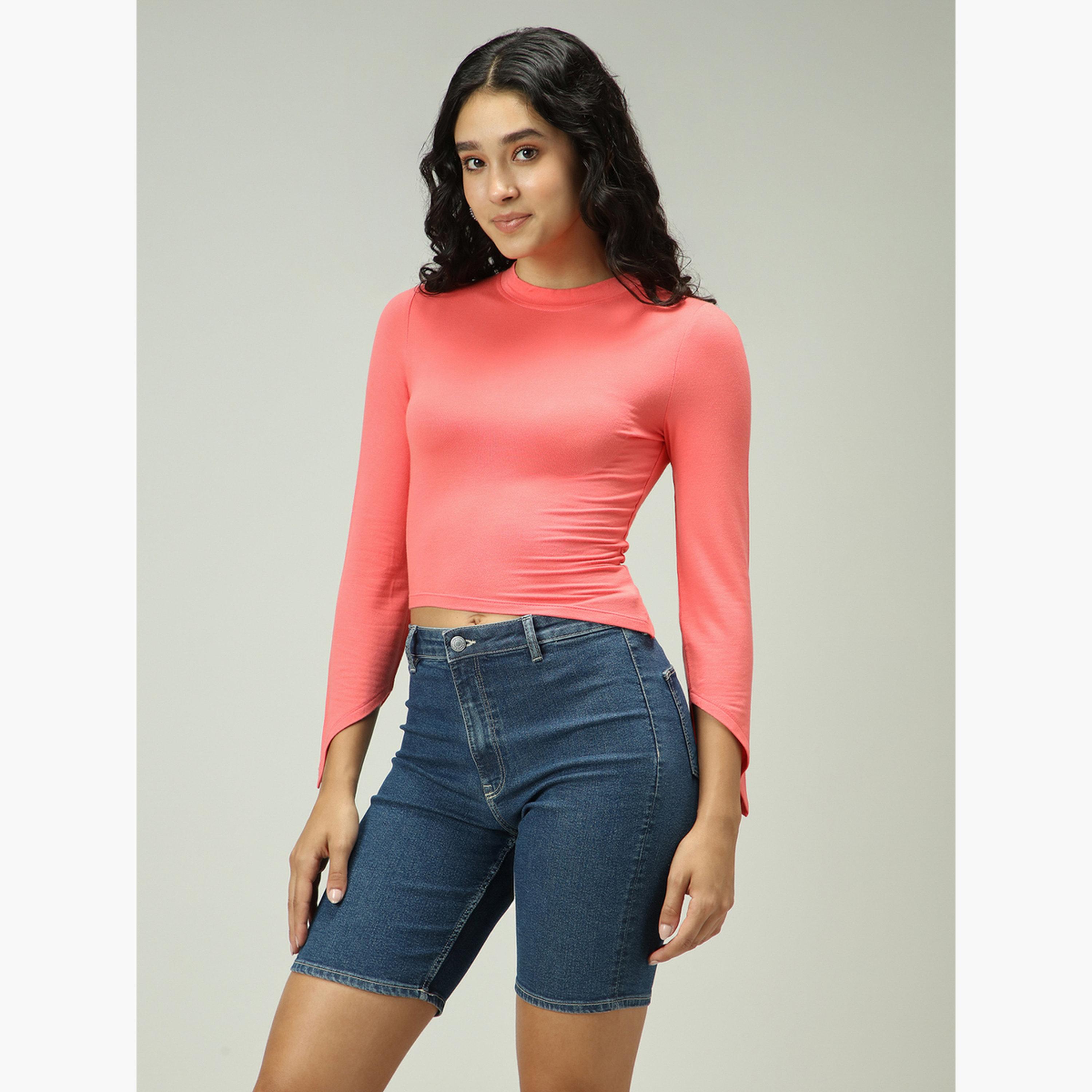 Outzidr X Styli Pink Asymmetric Hem Fitted Top-women-clothing-tshirts-image-4