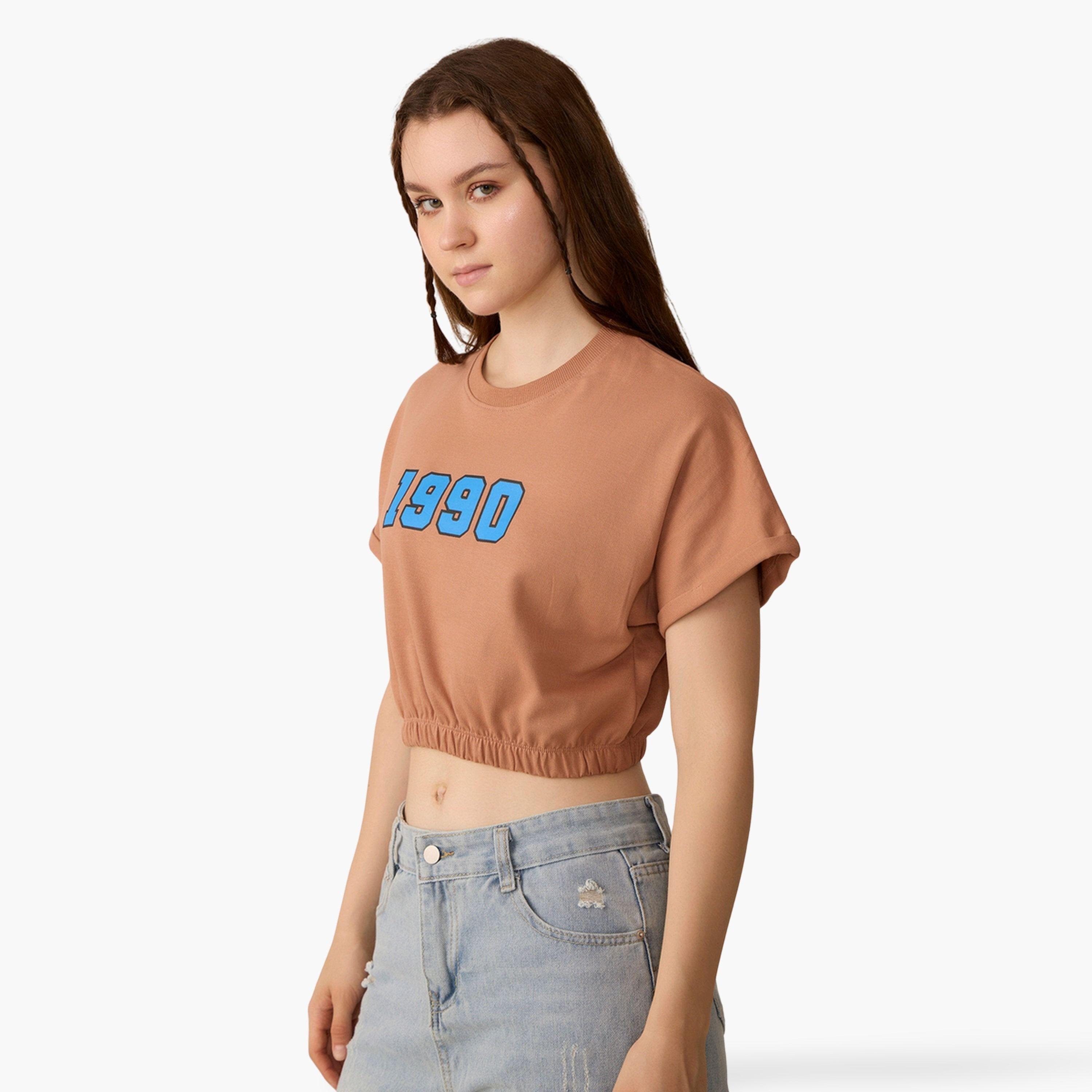 Outzidr X Styli Brown Elasticated Hem Crop T-Shirt-women-clothing-tshirts-image-1