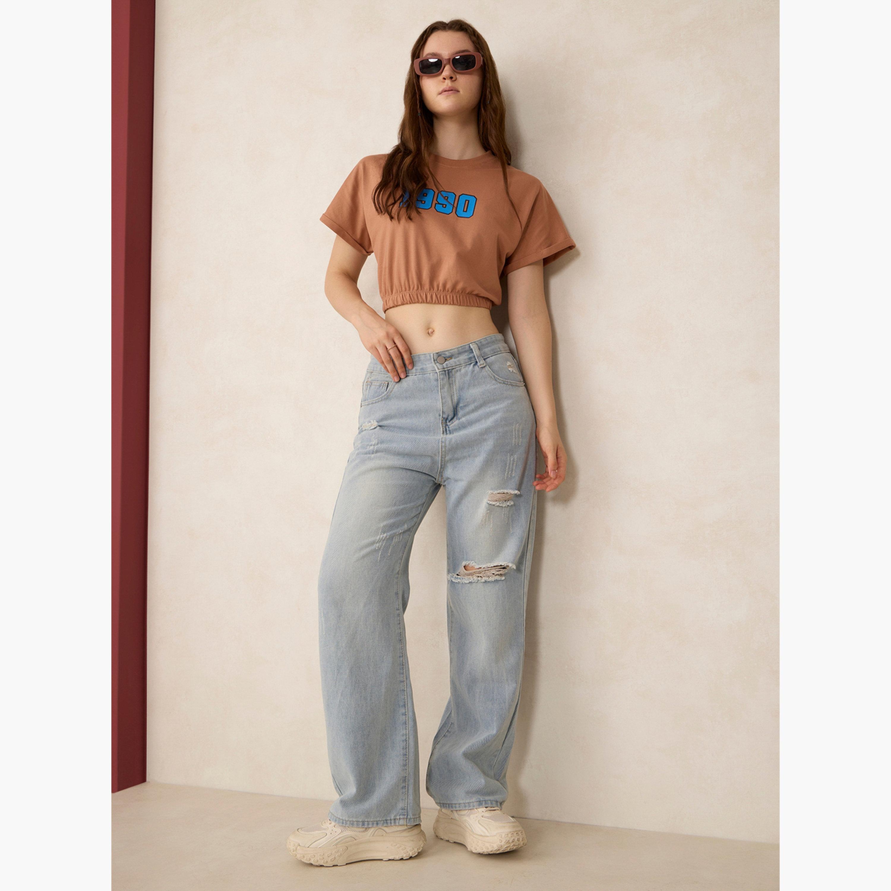 أوتزيدر × ستايلي - تي شيرت قصير ذو حافة مطاطية لون بني-women-clothing-tshirts-image-2