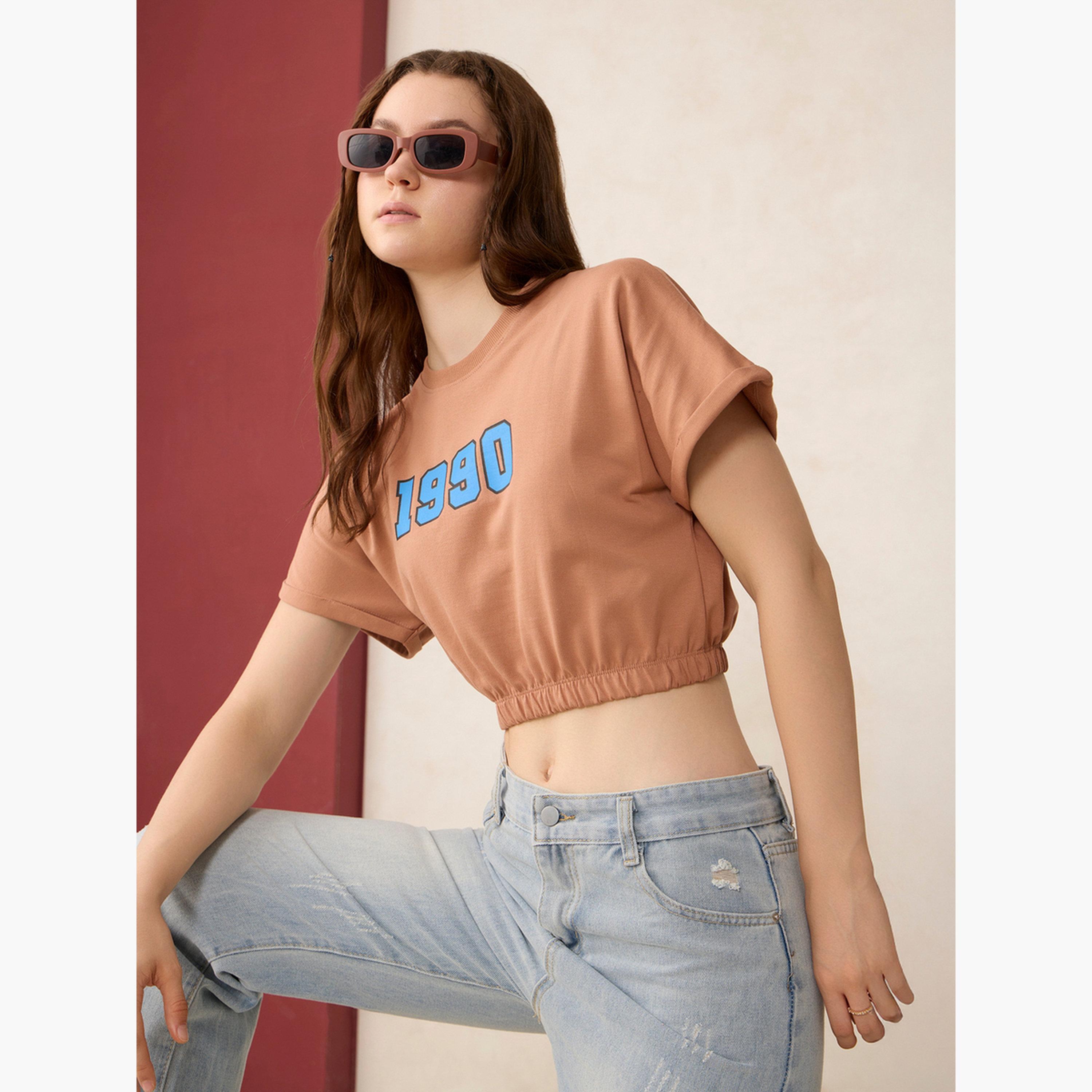 Outzidr X Styli Brown Elasticated Hem Crop T-Shirt-women-clothing-tshirts-image-3