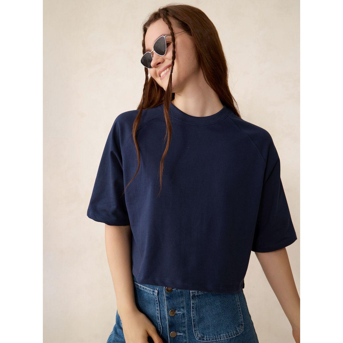 Outzidr X Styli Blue Solid Boxy Crop T-Shirt-women-clothing-tshirts-image-1