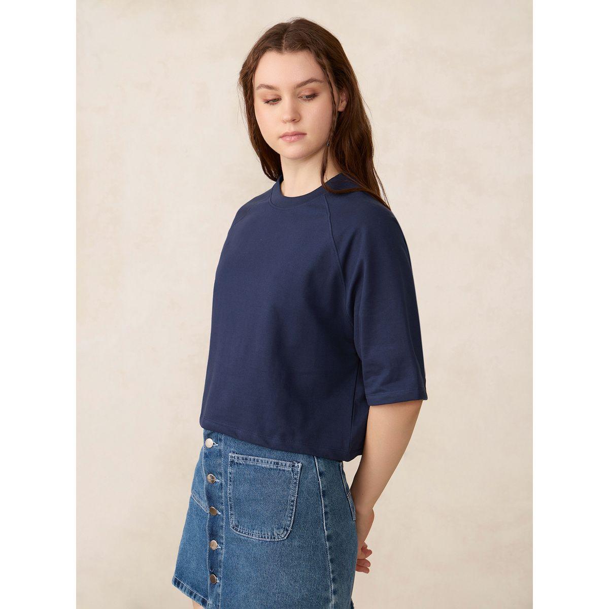 Outzidr X Styli Blue Solid Boxy Crop T-Shirt-women-clothing-tshirts-image-2