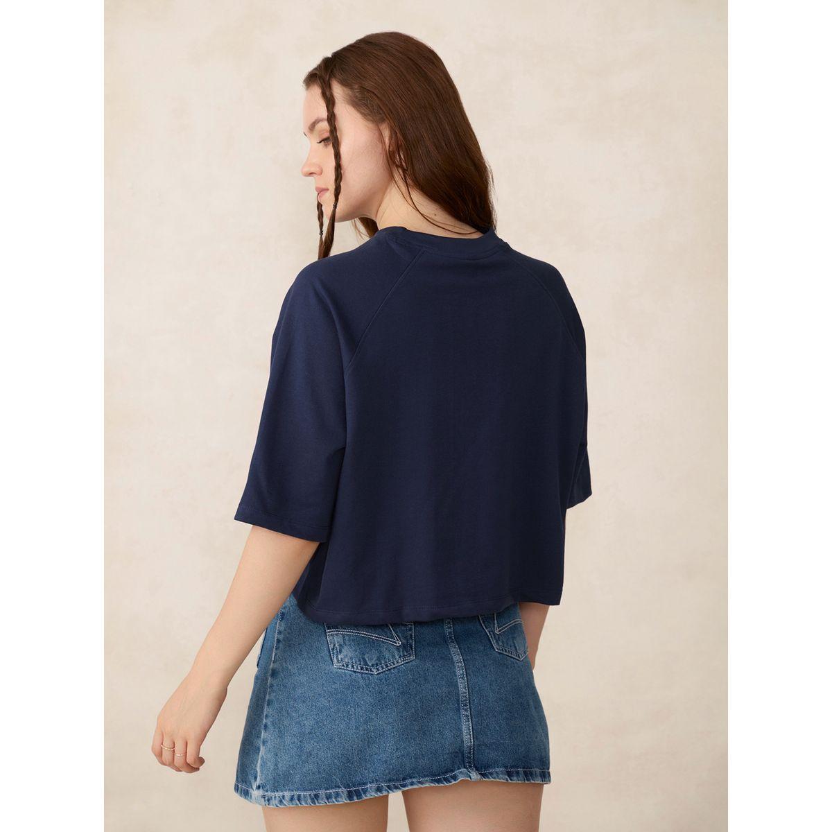 Outzidr X Styli Blue Solid Boxy Crop T-Shirt-women-clothing-tshirts-image-3