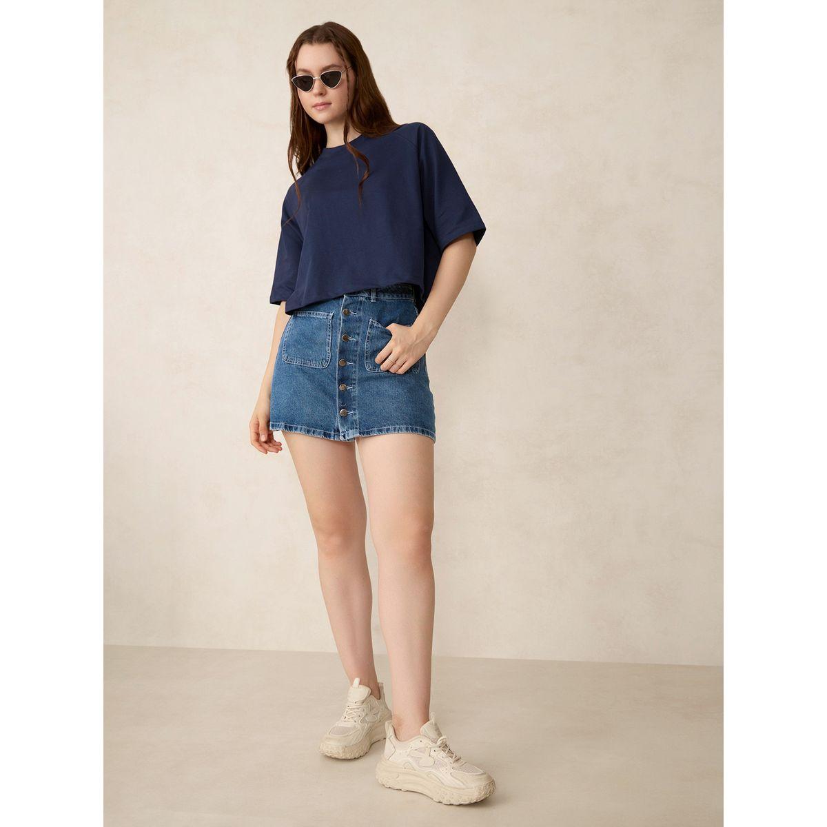 Outzidr X Styli Blue Solid Boxy Crop T-Shirt-women-clothing-tshirts-image-4