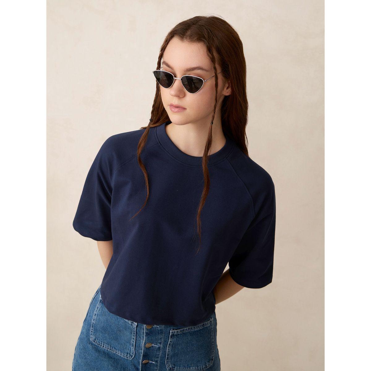 Outzidr X Styli Blue Solid Boxy Crop T-Shirt-women-clothing-tshirts-image-6