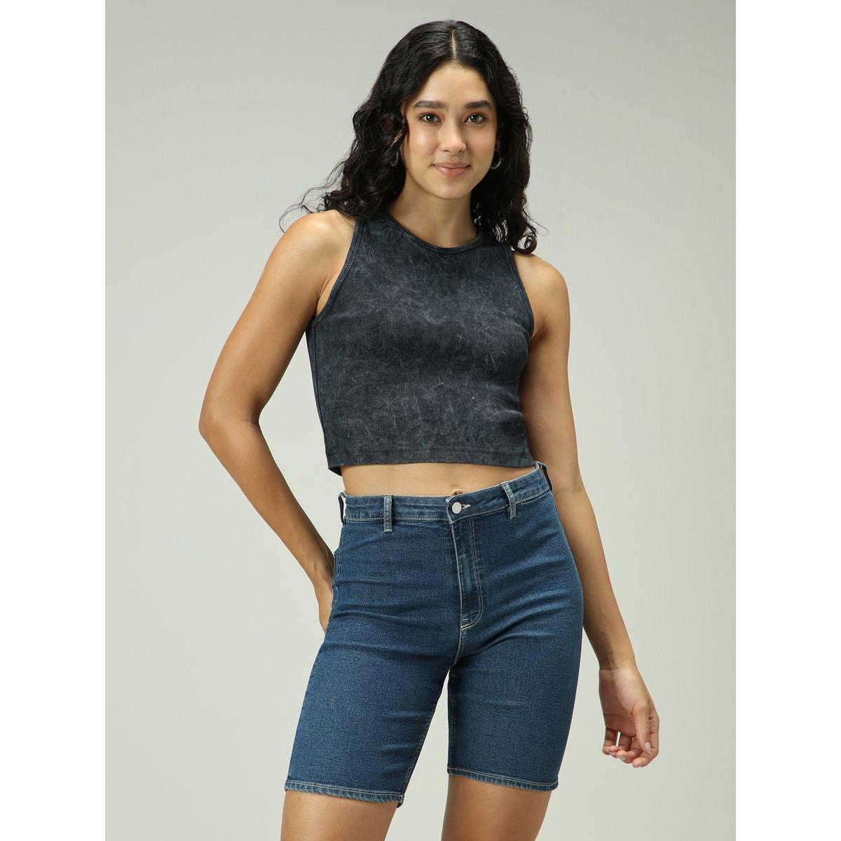 أوتزيدر × ستايلي - بلوزة مضلعة غسيل حمضي لون رمادي-women-clothing-tshirts-image-1