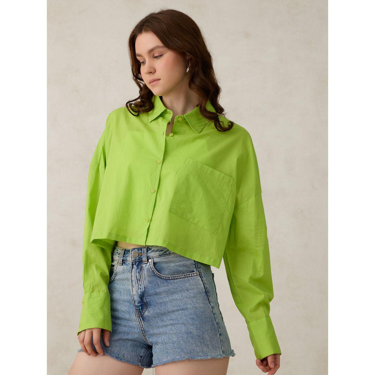 أوتزيدر × ستايلي - قميص أخضر قصير سادة مع جيوب-women-clothing-shirtsandblouses-shirts-image-1
