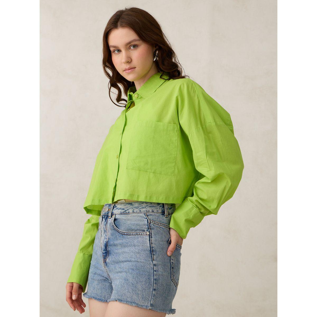 أوتزيدر × ستايلي - قميص أخضر قصير سادة مع جيوب-women-clothing-shirtsandblouses-shirts-image-2