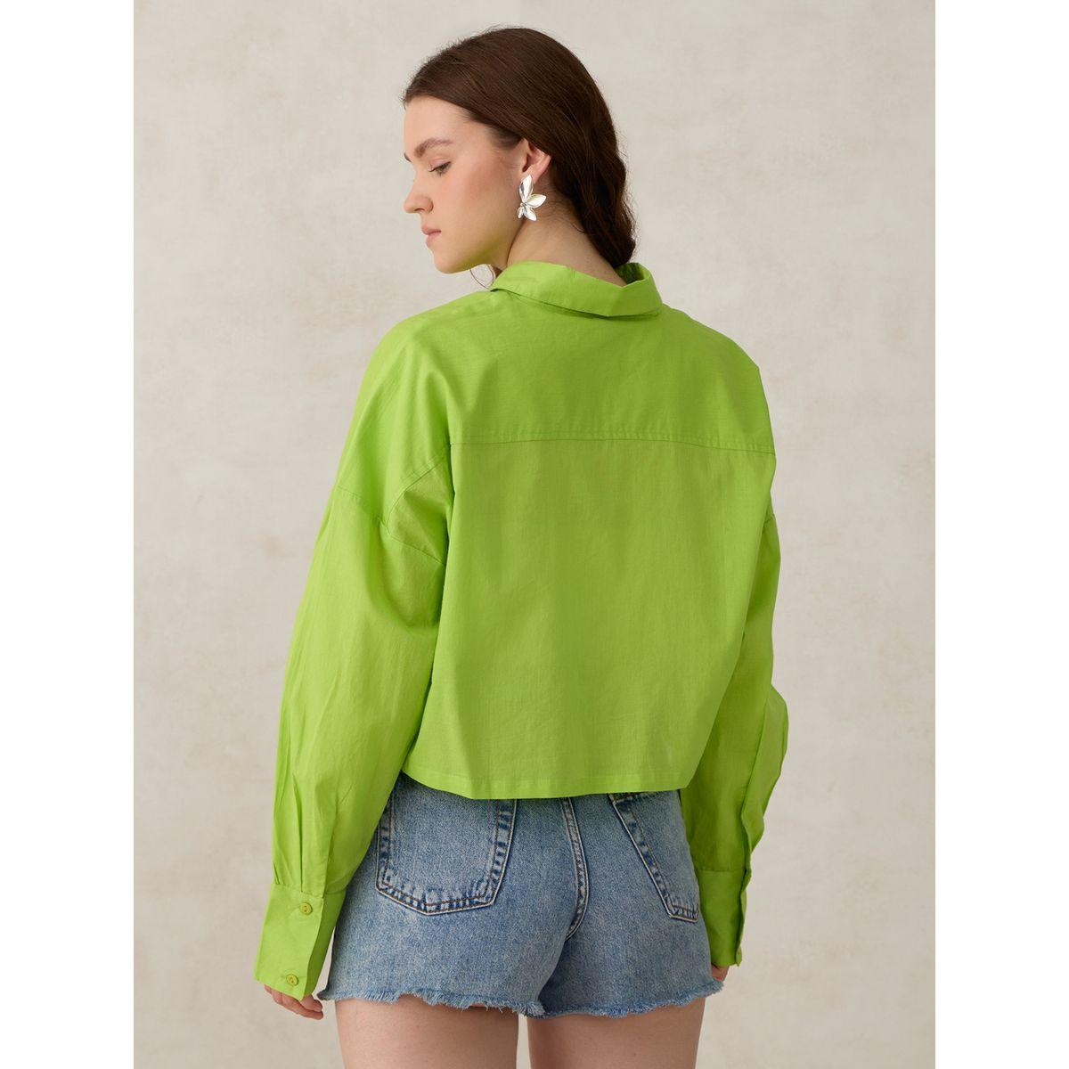 أوتزيدر × ستايلي - قميص أخضر قصير سادة مع جيوب-women-clothing-shirtsandblouses-shirts-image-3