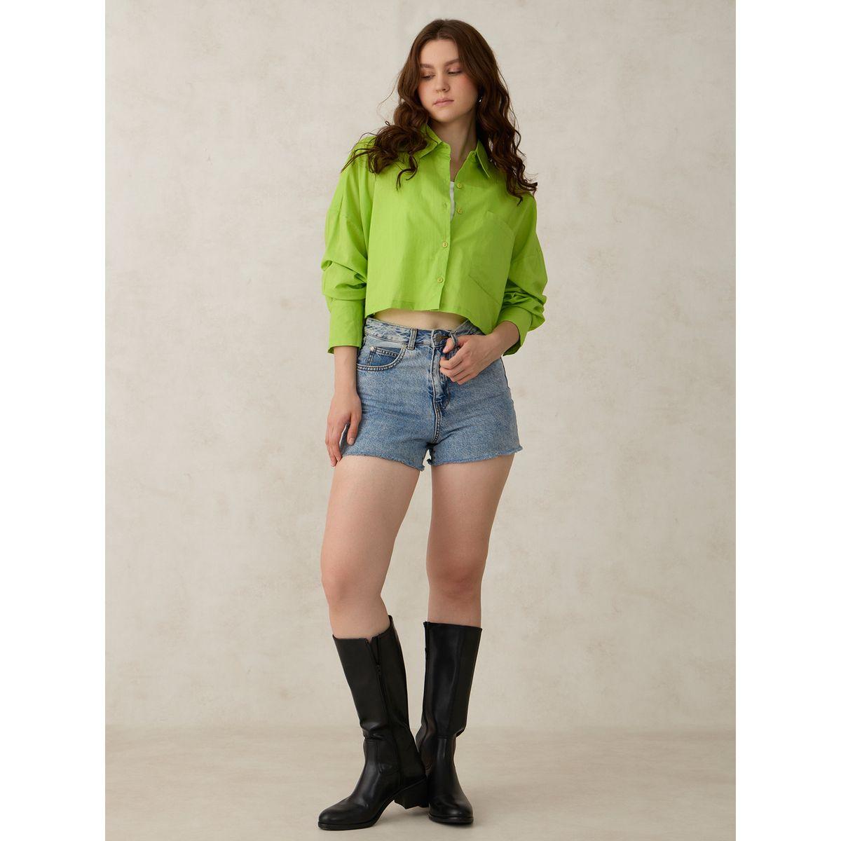 أوتزيدر × ستايلي - قميص أخضر قصير سادة مع جيوب-women-clothing-shirtsandblouses-shirts-image-4