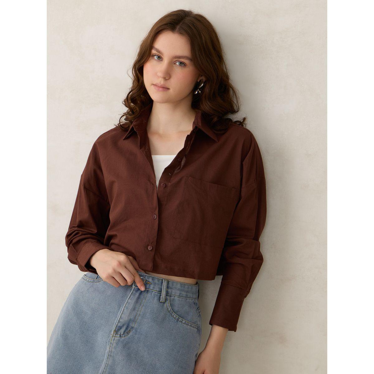 أوتزيدر × ستايلي - قميص بني قصير سادة مع جيوب-women-clothing-shirtsandblouses-shirts-image-1