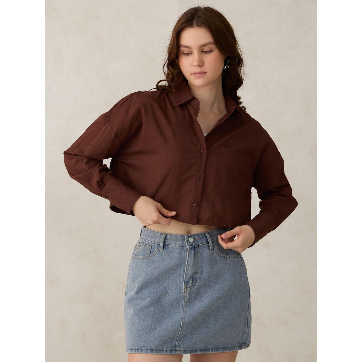 Outzidr X Styli Brown Crop Solid Shirt with Pockets-women-clothing-shirtsandblouses-shirts-image-2