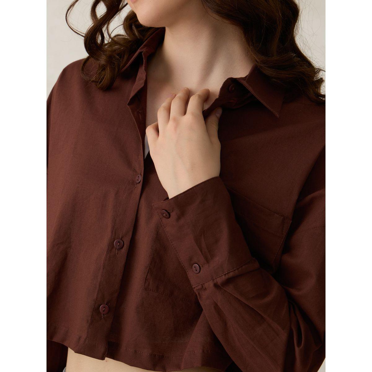 أوتزيدر × ستايلي - قميص بني قصير سادة مع جيوب-women-clothing-shirtsandblouses-shirts-image-3