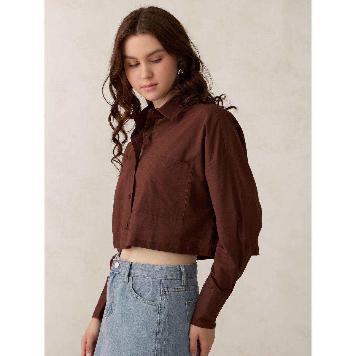 Outzidr X Styli Brown Crop Solid Shirt with Pockets-women-clothing-shirtsandblouses-shirts-image-5