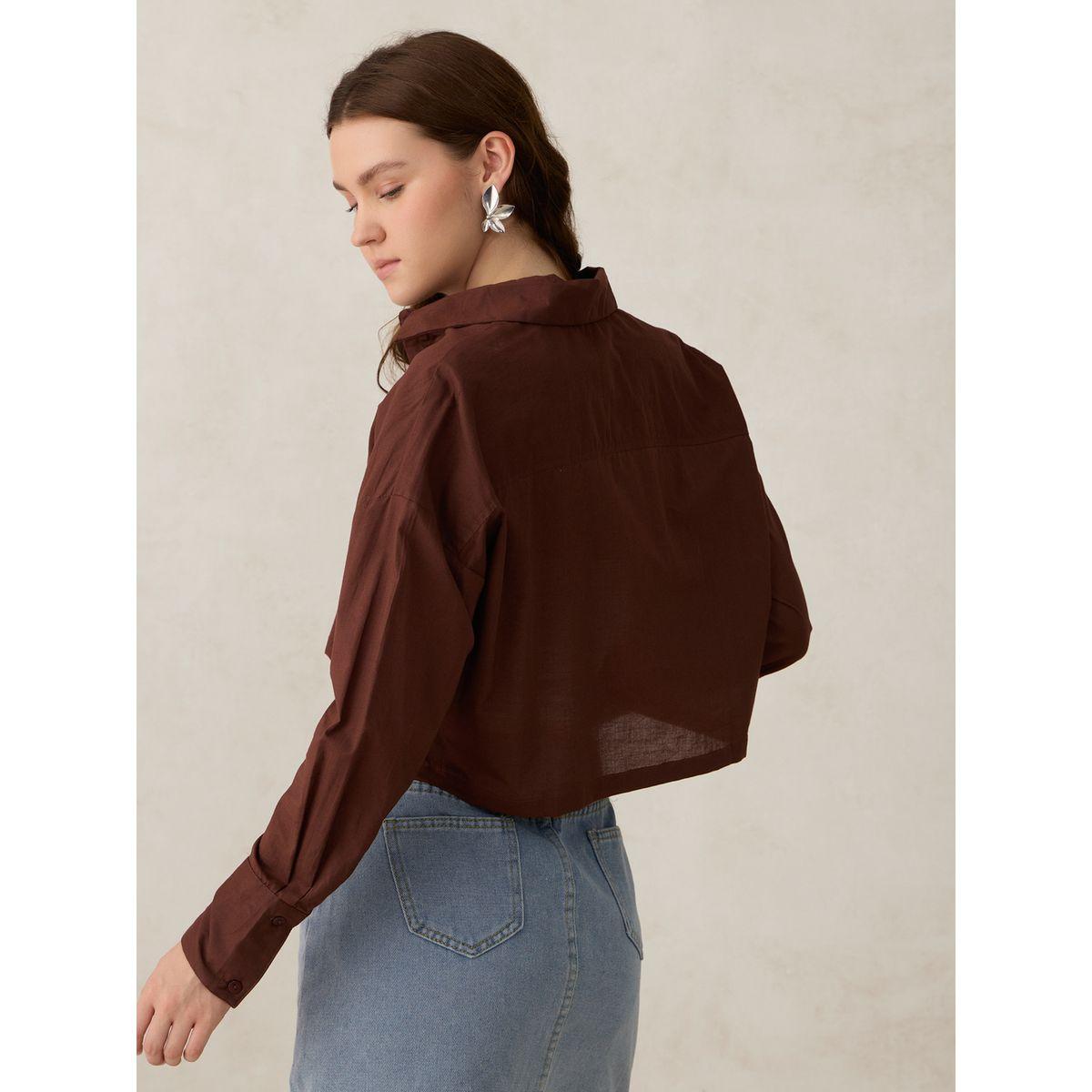 أوتزيدر × ستايلي - قميص بني قصير سادة مع جيوب-women-clothing-shirtsandblouses-shirts-image-6