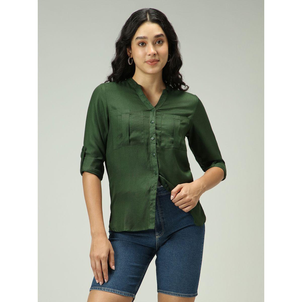 Outzidr X Styli Olive Solid Shirt with Roll-Up Sleeves-women-clothing-shirtsandblouses-shirts-image-1