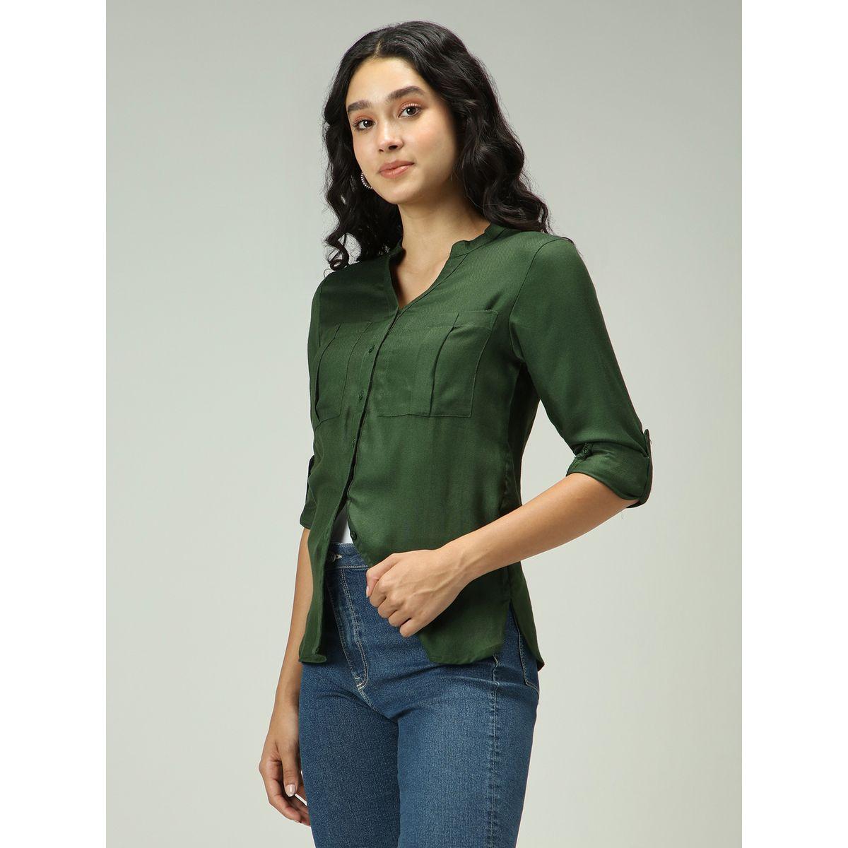 Outzidr X Styli Olive Solid Shirt with Roll-Up Sleeves-women-clothing-shirtsandblouses-shirts-image-2