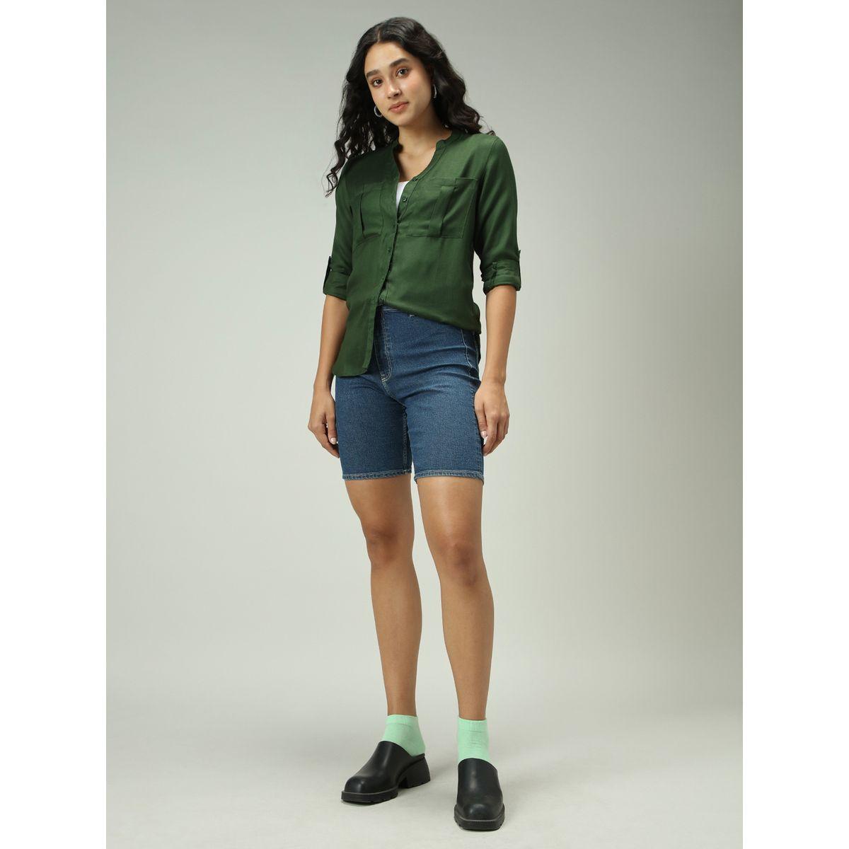 Outzidr X Styli Olive Solid Shirt with Roll-Up Sleeves-women-clothing-shirtsandblouses-shirts-image-4