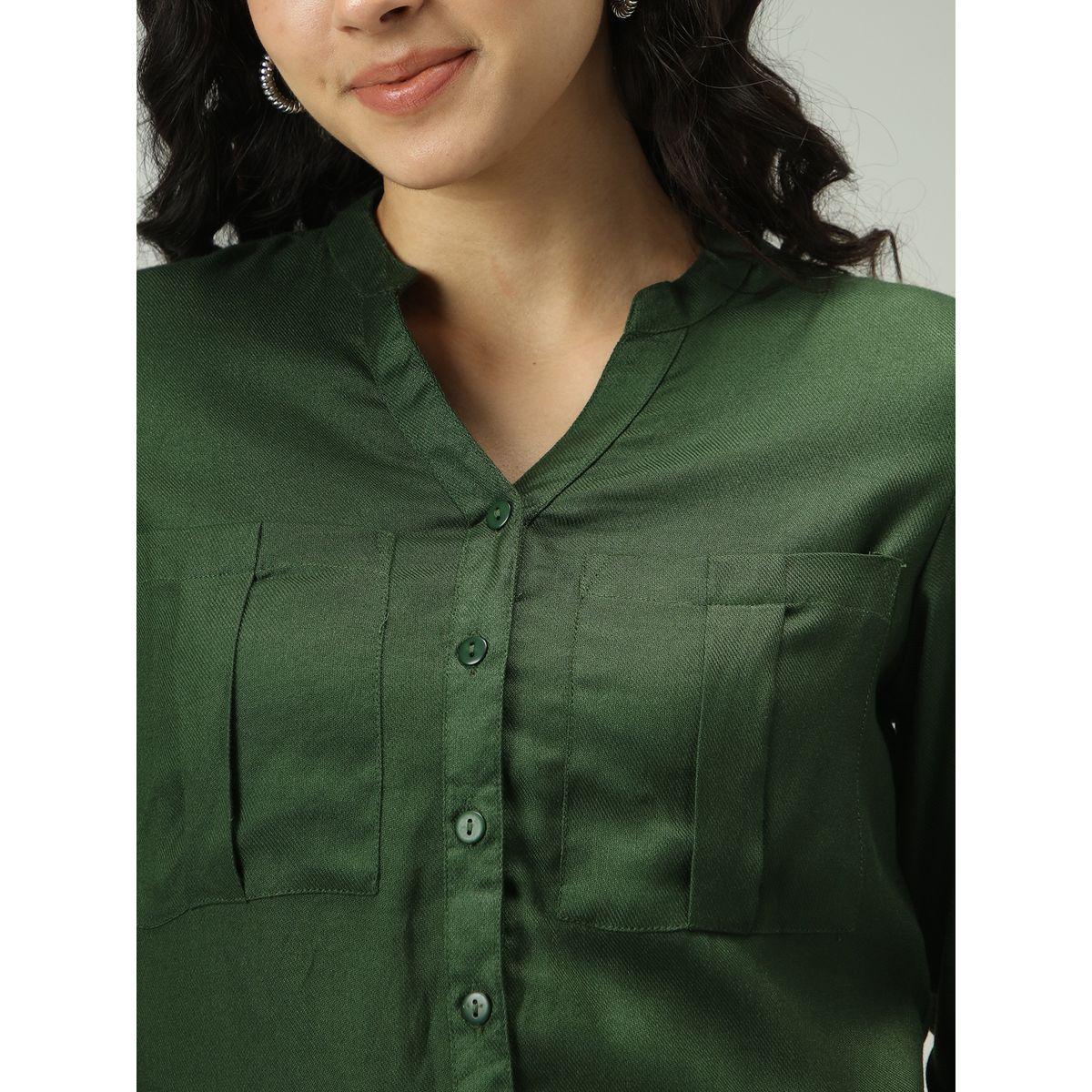 أوتزيدر × ستايلي - قميص زيتوني سادة بأكمام مطوية-women-clothing-shirtsandblouses-shirts-image-5