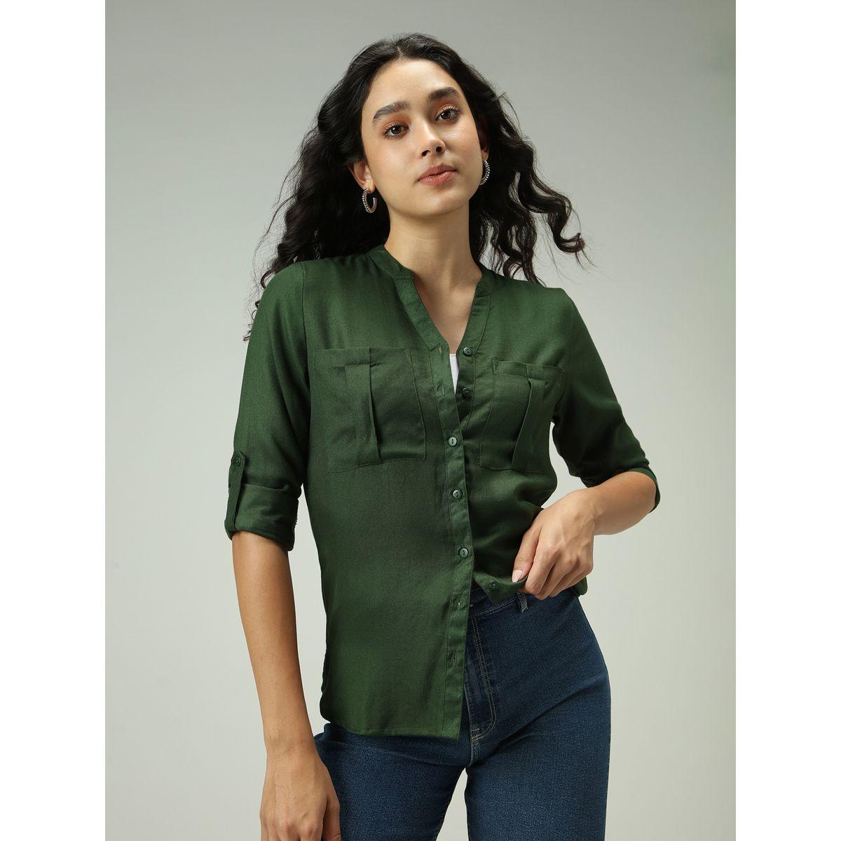 Outzidr X Styli Olive Solid Shirt with Roll-Up Sleeves-women-clothing-shirtsandblouses-shirts-image-6