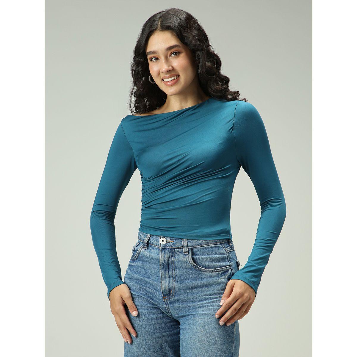 Outzidr X Styli Green Asymmetric Neck Ruched Top-women-clothing-tshirts-image-1