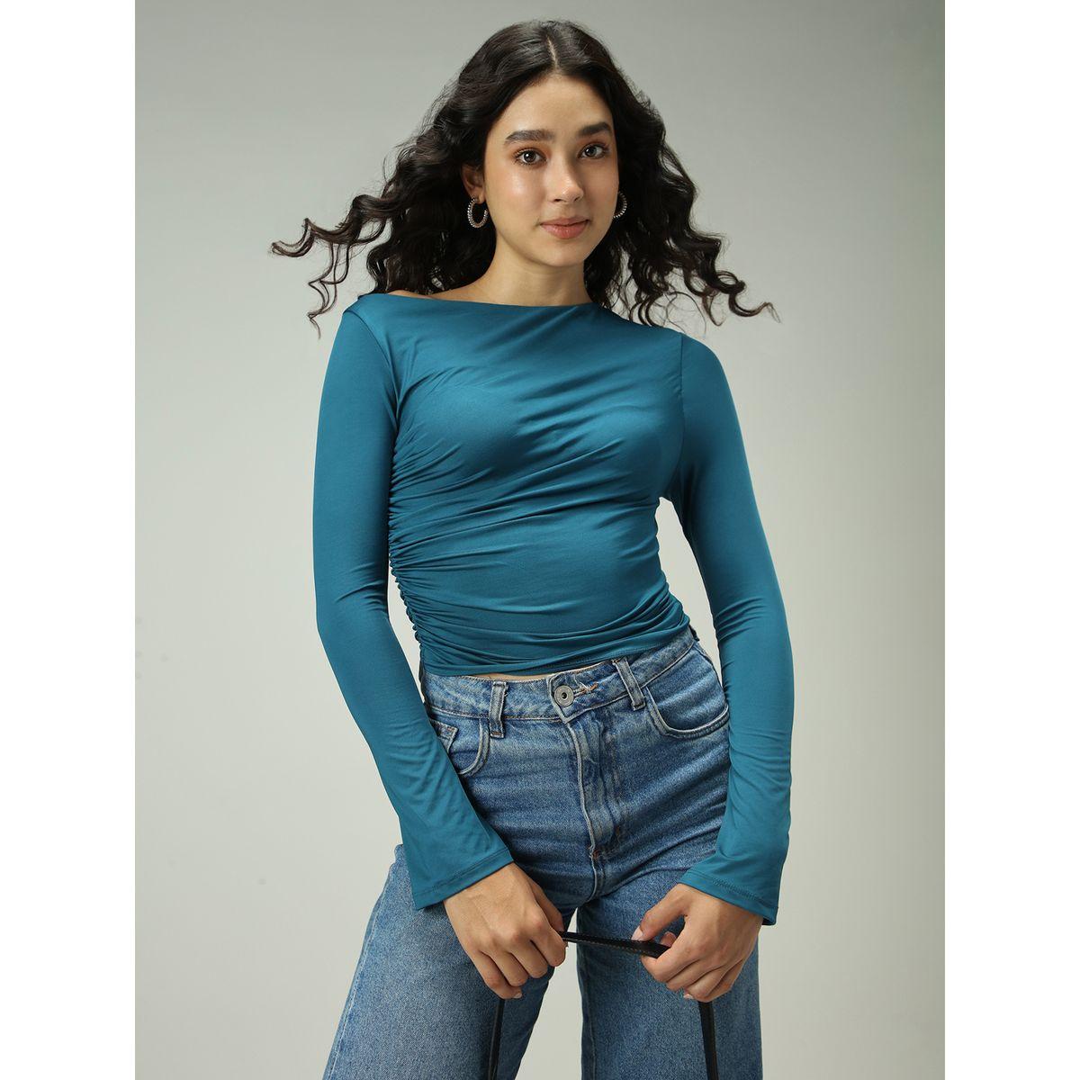 Outzidr X Styli Green Asymmetric Neck Ruched Top-women-clothing-tshirts-image-2