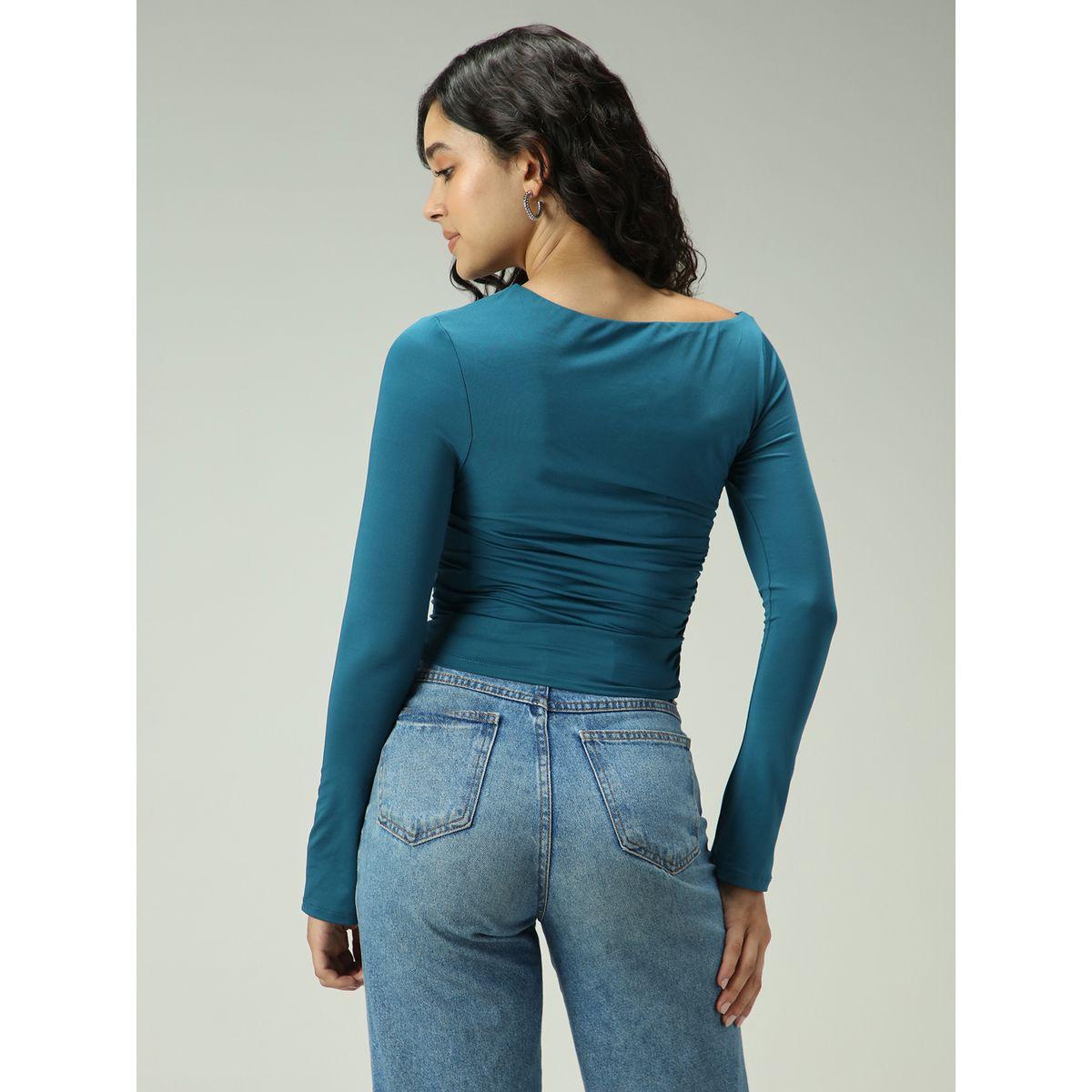 Outzidr X Styli Green Asymmetric Neck Ruched Top-women-clothing-tshirts-image-3