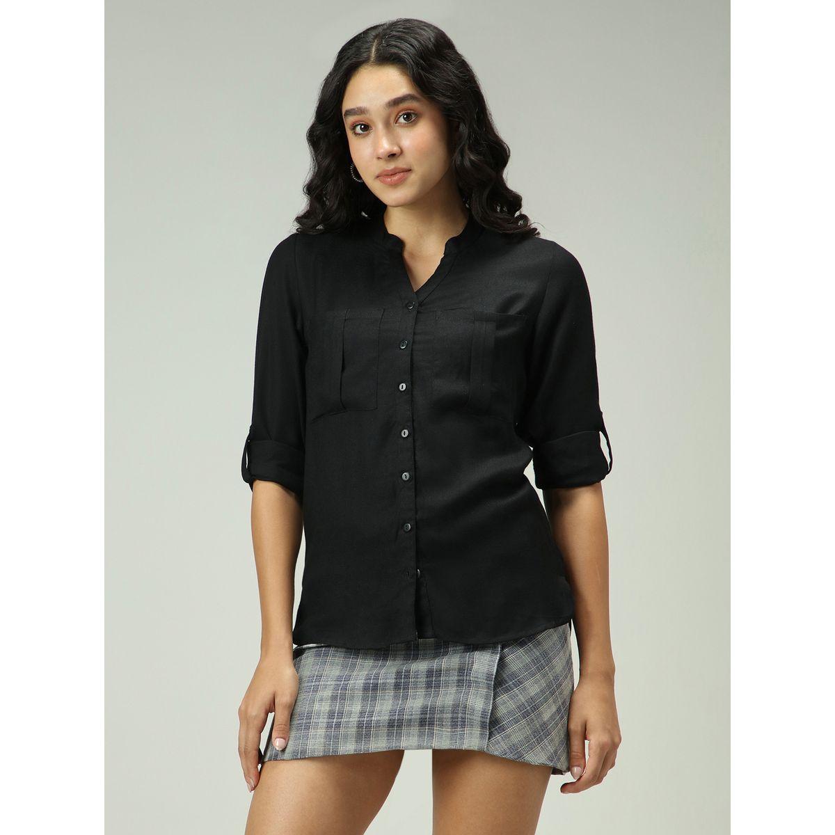 Outzidr X Styli Black Solid Shirt with Roll-Up Sleeves-women-clothing-shirtsandblouses-shirts-image-1