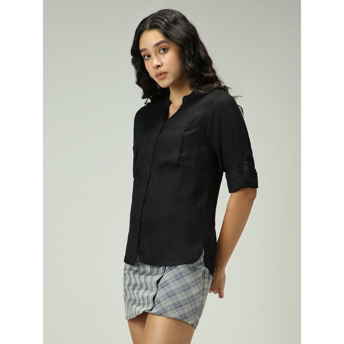 Outzidr X Styli Black Solid Shirt with Roll-Up Sleeves-women-clothing-shirtsandblouses-shirts-image-2