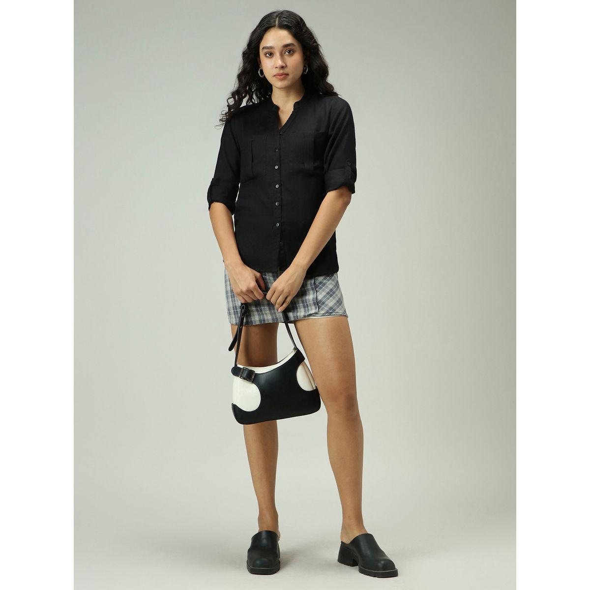 Outzidr X Styli Black Solid Shirt with Roll-Up Sleeves-women-clothing-shirtsandblouses-shirts-image-4