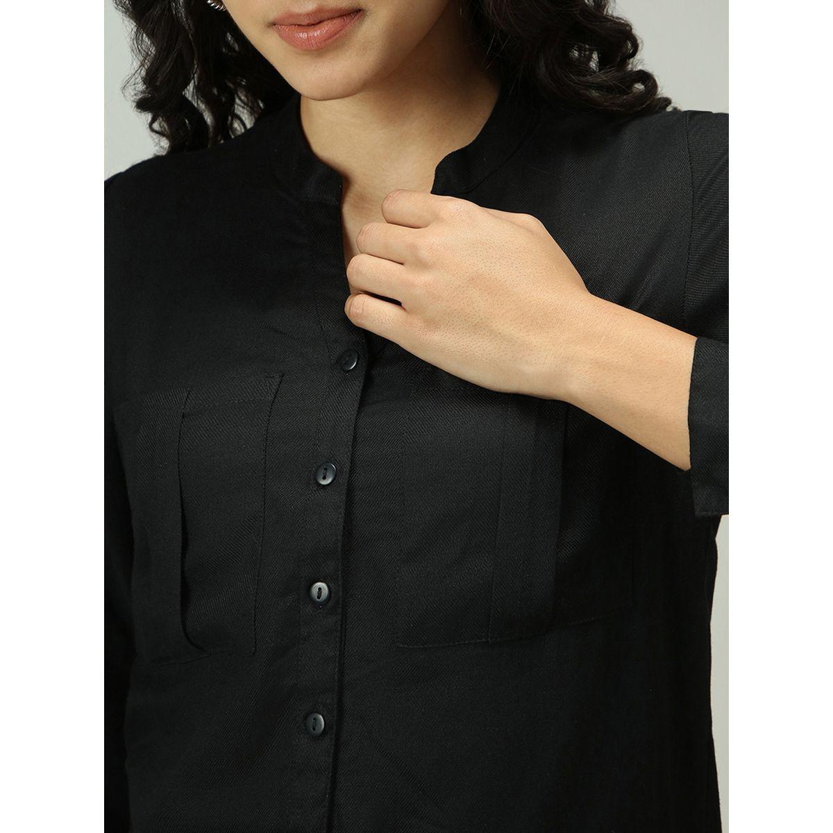 Outzidr X Styli Black Solid Shirt with Roll-Up Sleeves-women-clothing-shirtsandblouses-shirts-image-5