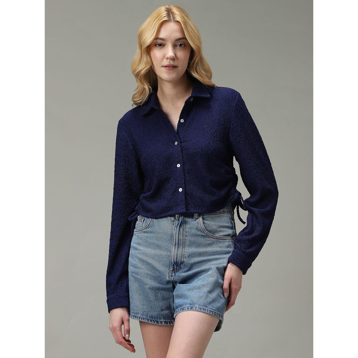 أوتزيدر × ستايلي - قميص قصير منقوش لون أزرق داكن-women-clothing-shirtsandblouses-shirts-image-1