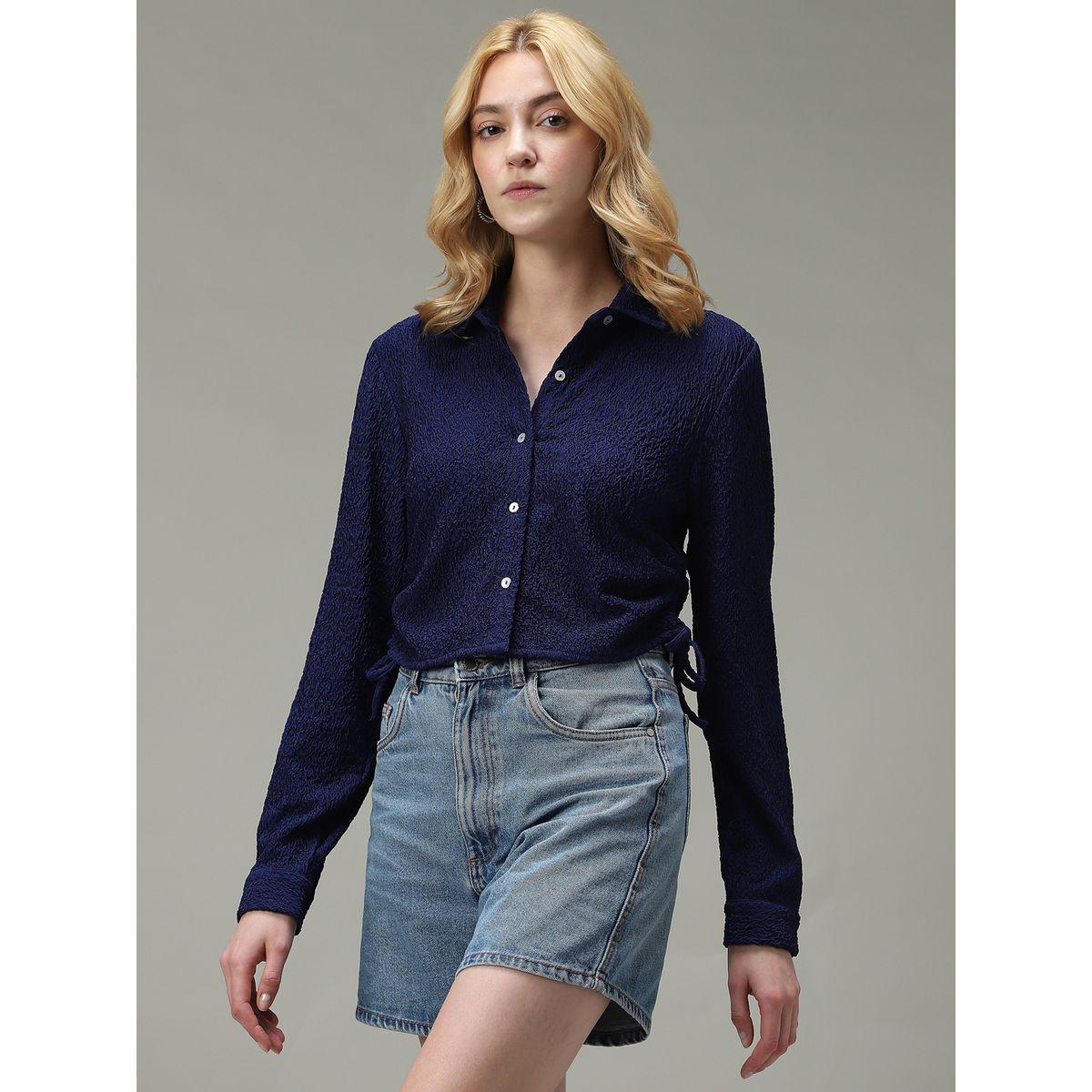 أوتزيدر × ستايلي - قميص قصير منقوش لون أزرق داكن-women-clothing-shirtsandblouses-shirts-image-2