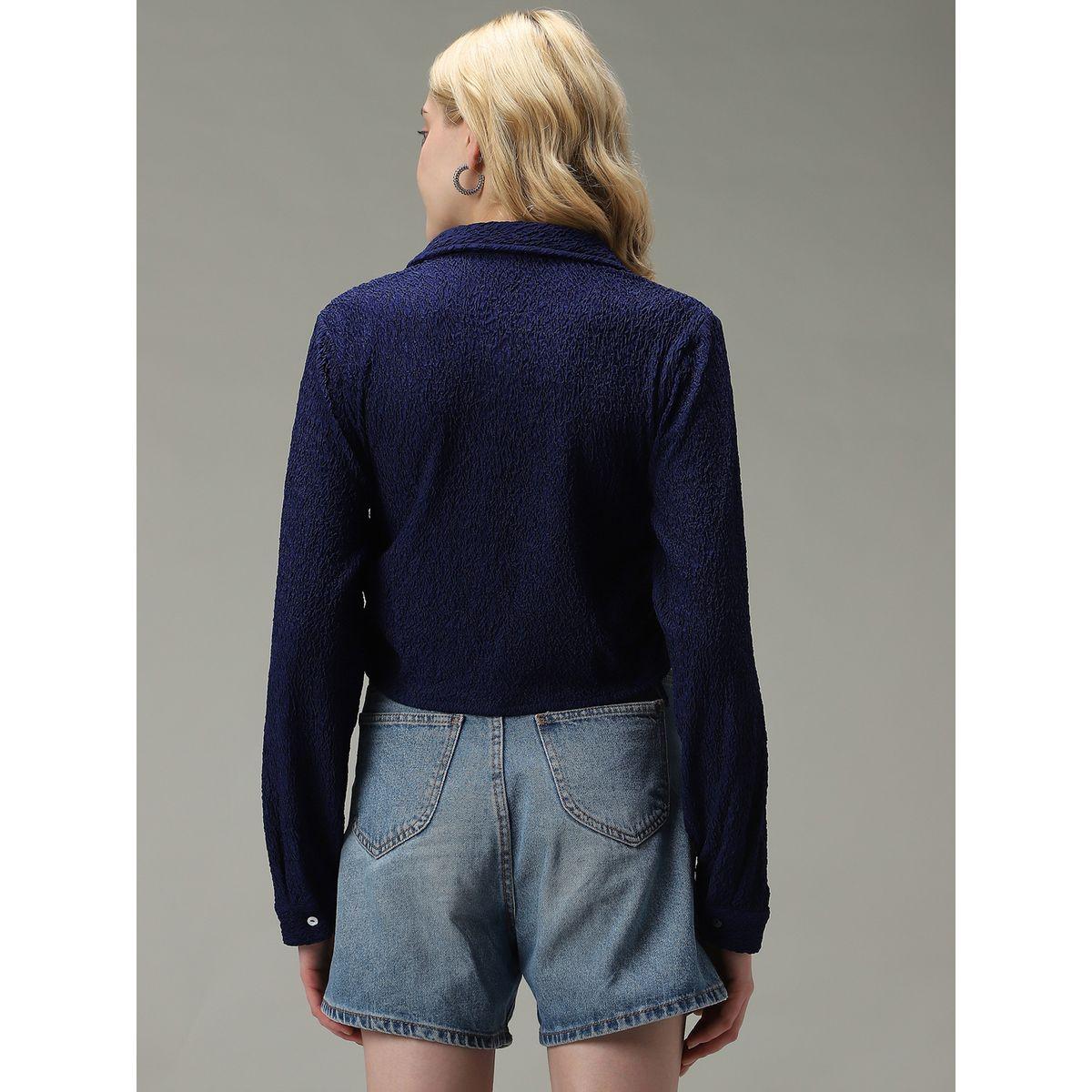 أوتزيدر × ستايلي - قميص قصير منقوش لون أزرق داكن-women-clothing-shirtsandblouses-shirts-image-3