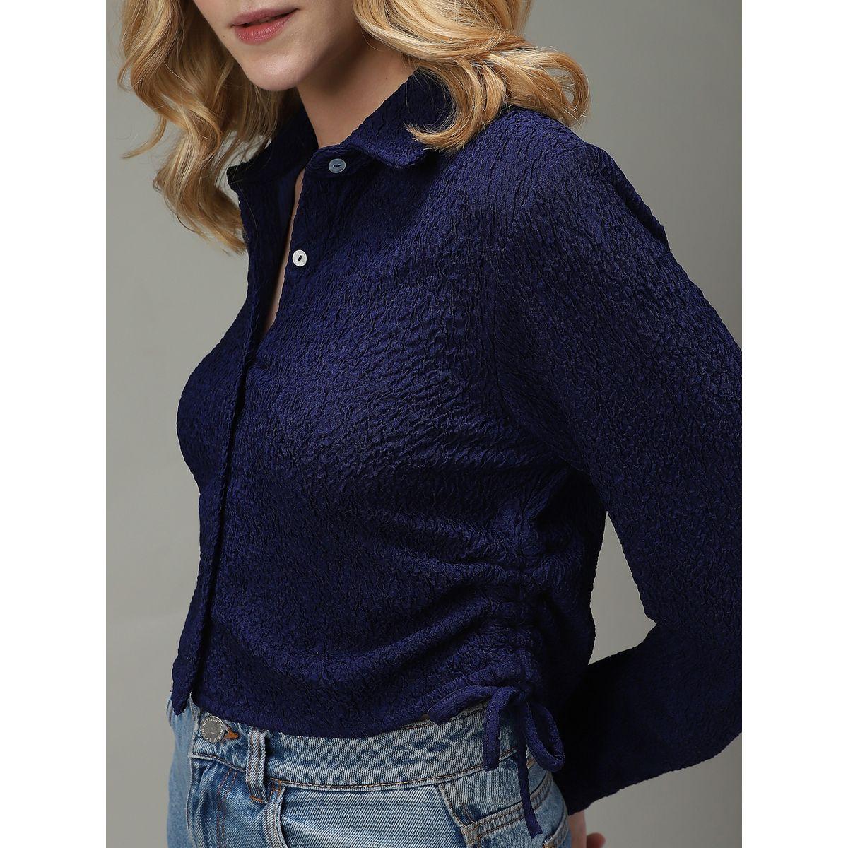 أوتزيدر × ستايلي - قميص قصير منقوش لون أزرق داكن-women-clothing-shirtsandblouses-shirts-image-7