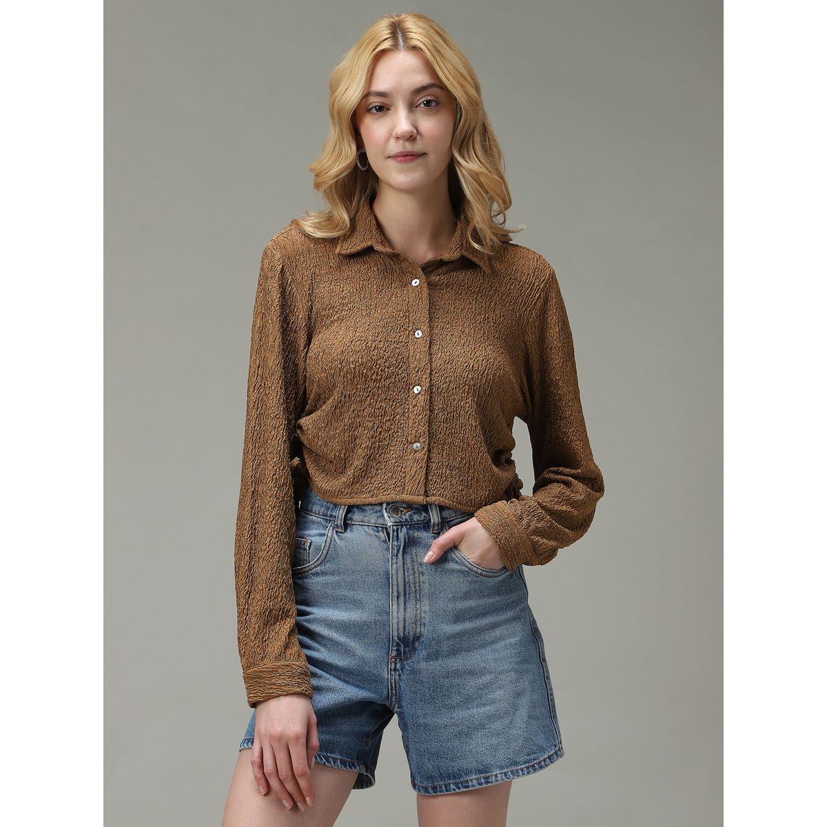 أوتزيدر × ستايلي - قميص بني قصير منقوش-women-clothing-shirtsandblouses-shirts-image-1