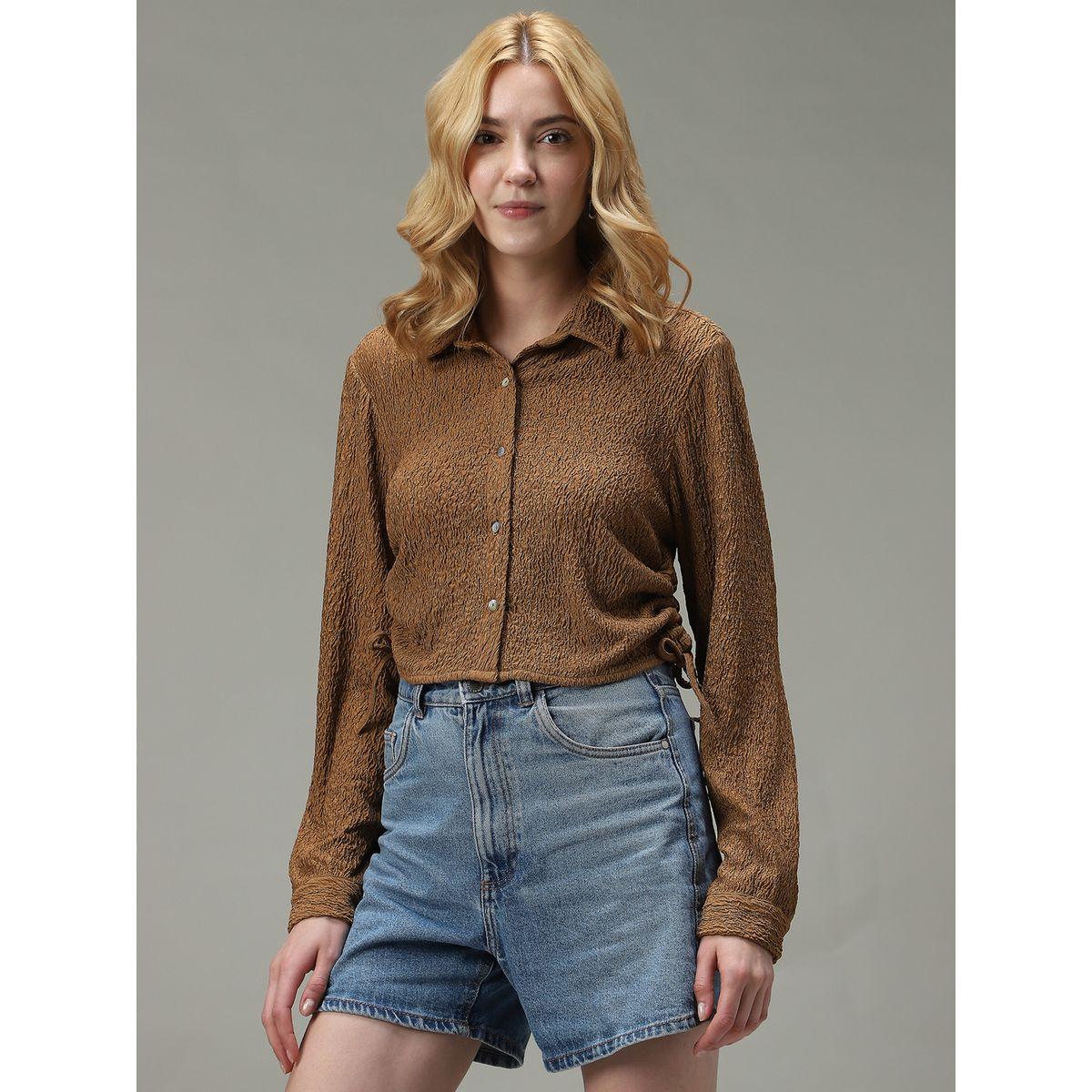Outzidr X Styli Brown Textured Ruched Crop Shirt-women-clothing-shirtsandblouses-shirts-image-2