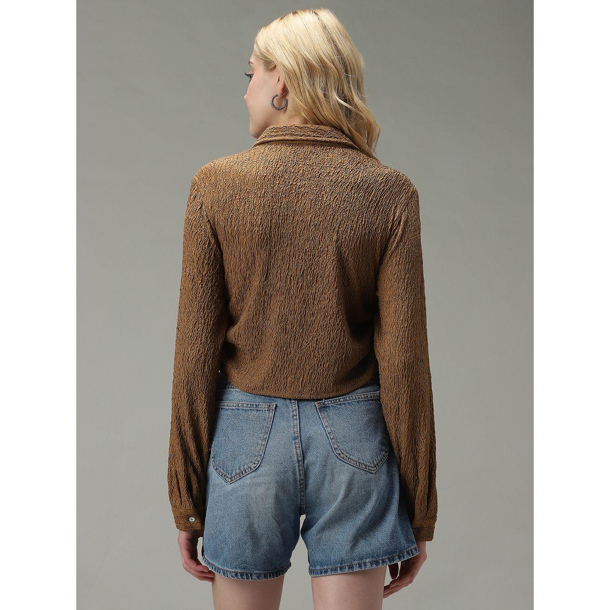 أوتزيدر × ستايلي - قميص بني قصير منقوش-women-clothing-shirtsandblouses-shirts-image-3