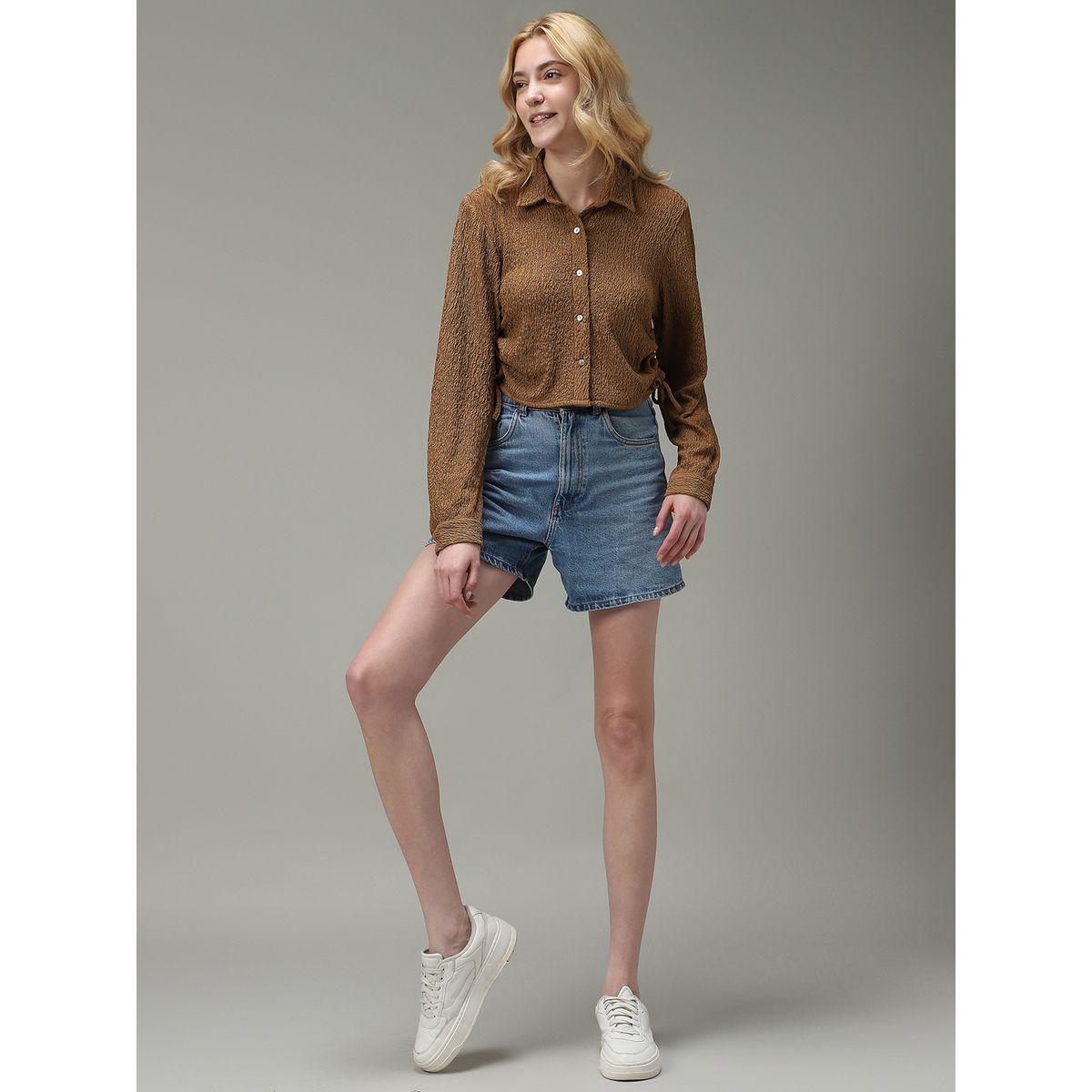 Outzidr X Styli Brown Textured Ruched Crop Shirt-women-clothing-shirtsandblouses-shirts-image-4