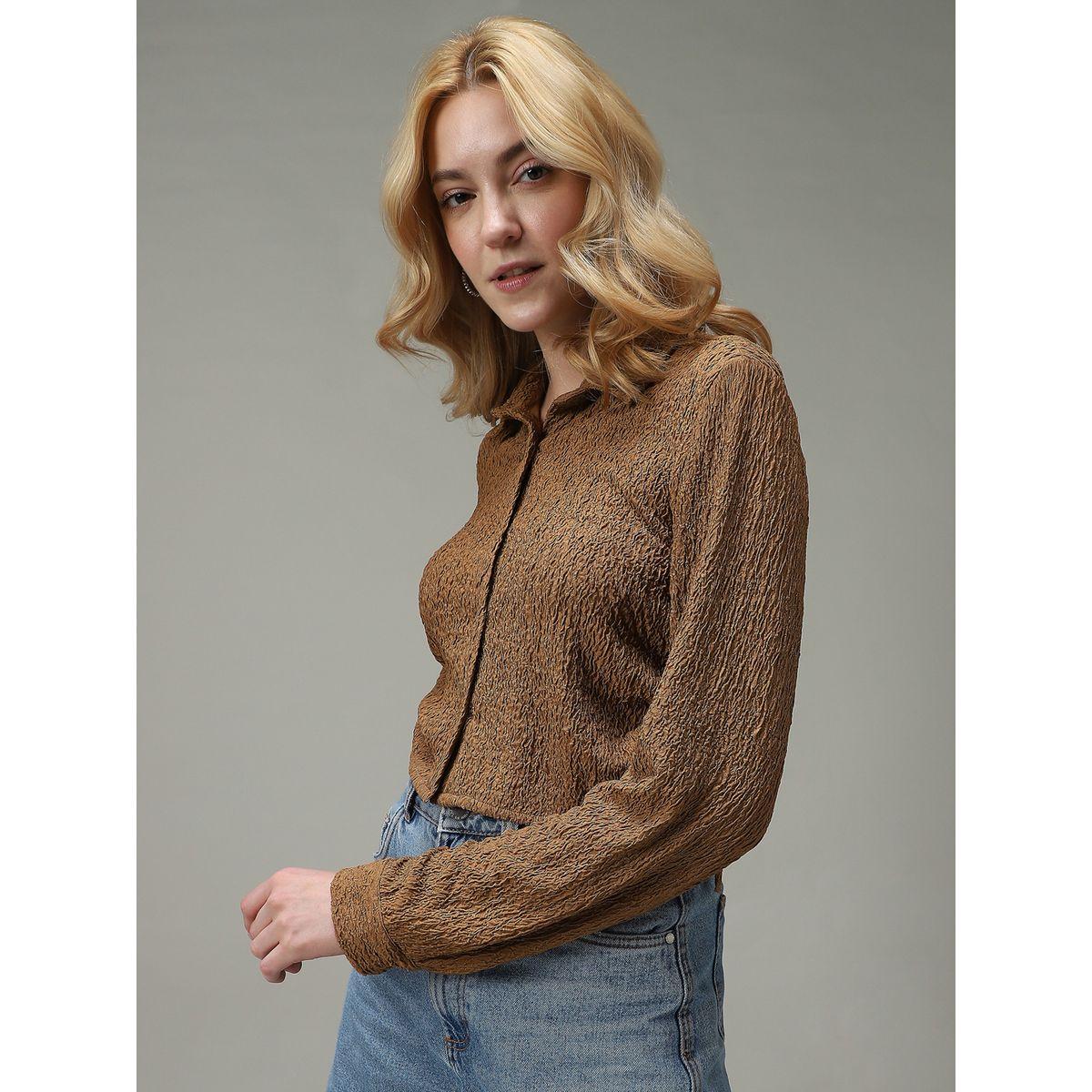 Outzidr X Styli Brown Textured Ruched Crop Shirt-women-clothing-shirtsandblouses-shirts-image-6