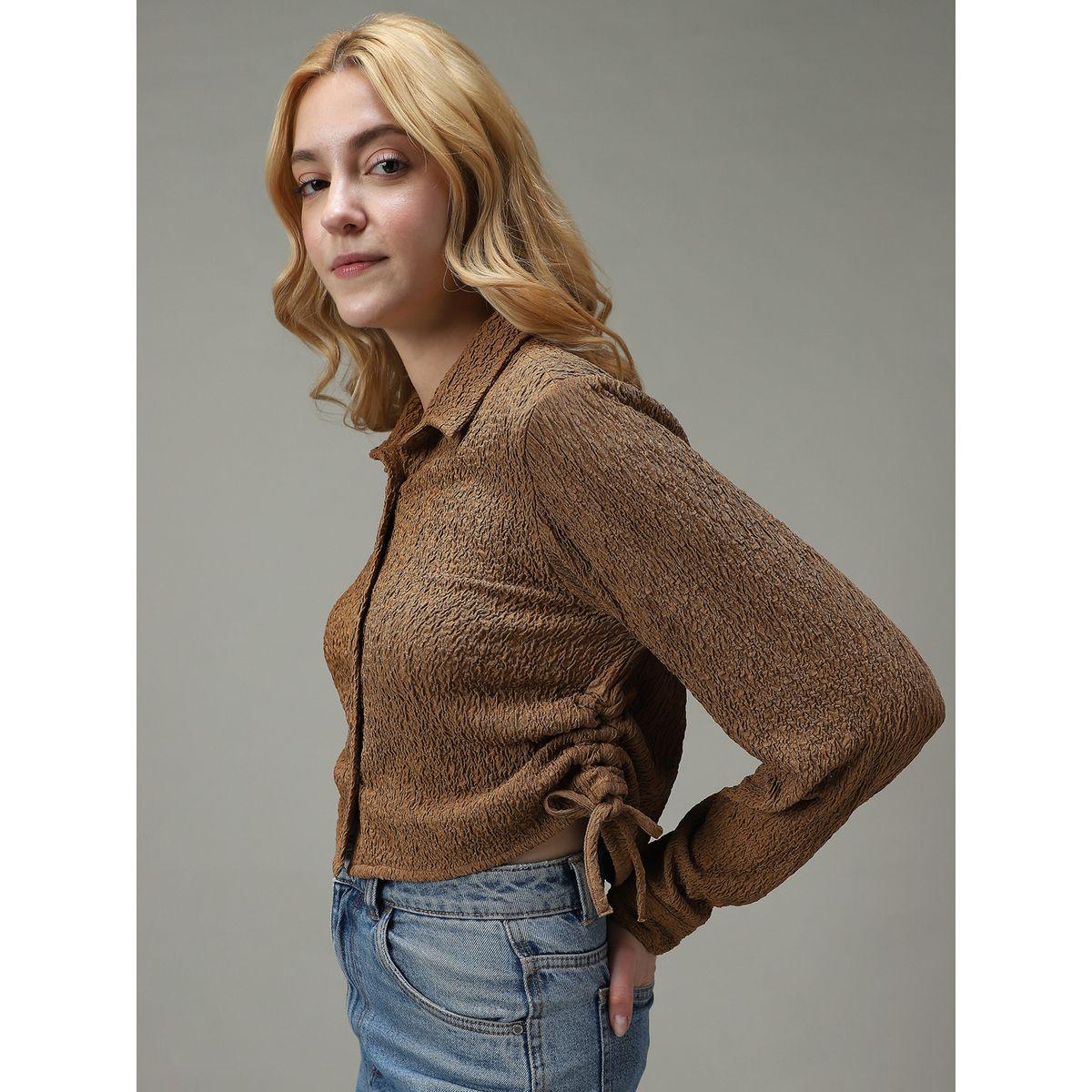 Outzidr X Styli Brown Textured Ruched Crop Shirt-women-clothing-shirtsandblouses-shirts-image-7