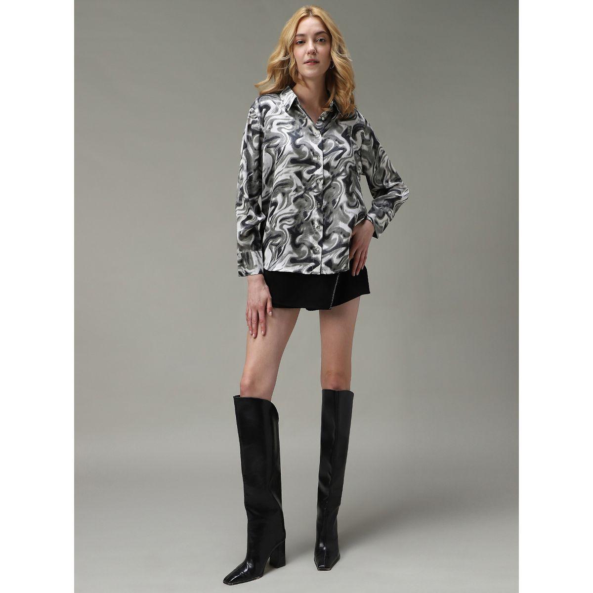 أوتزيدر × ستايلي - قميص ساتان رمادي مطبوع-women-clothing-shirtsandblouses-shirts-image-4